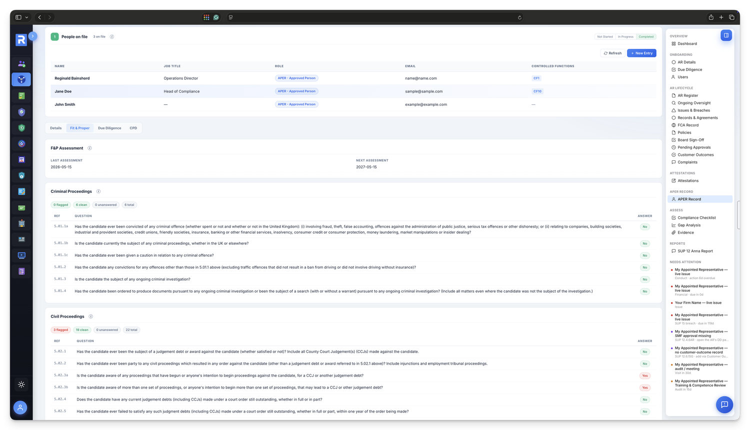 APER record &mdash; Approved Persons at each AR with controlled functions, fitness & propriety assessments, conduct training and CPD