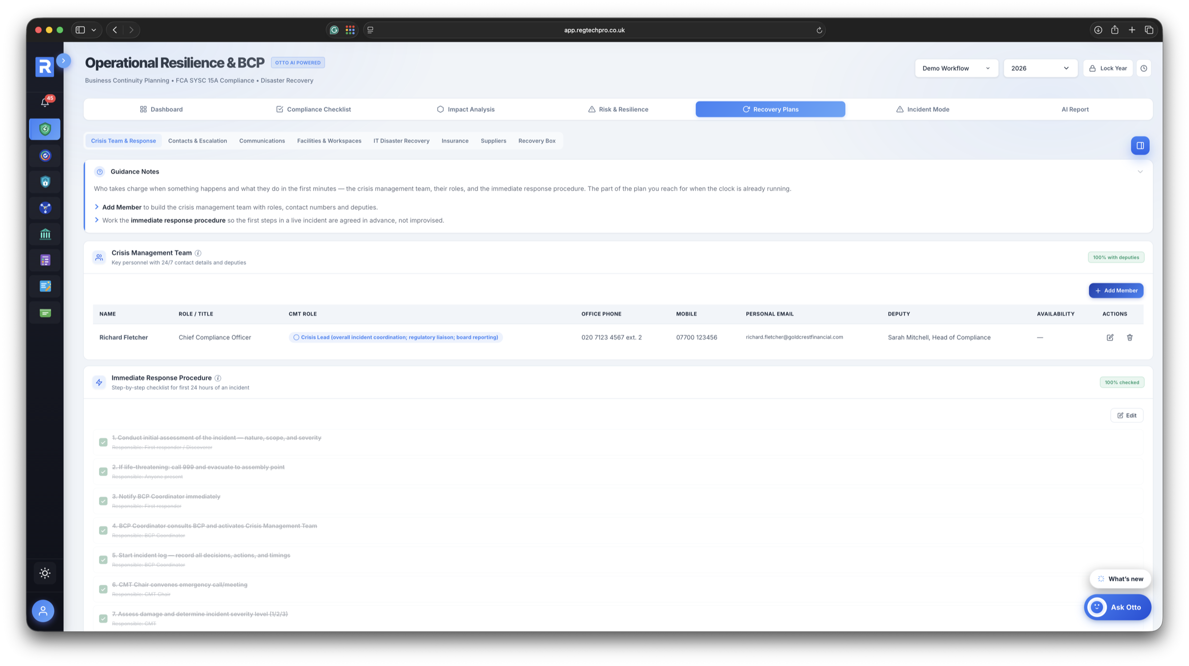 Recovery plan with built-in guidance notes &mdash; crisis-management team and the immediate-response procedure