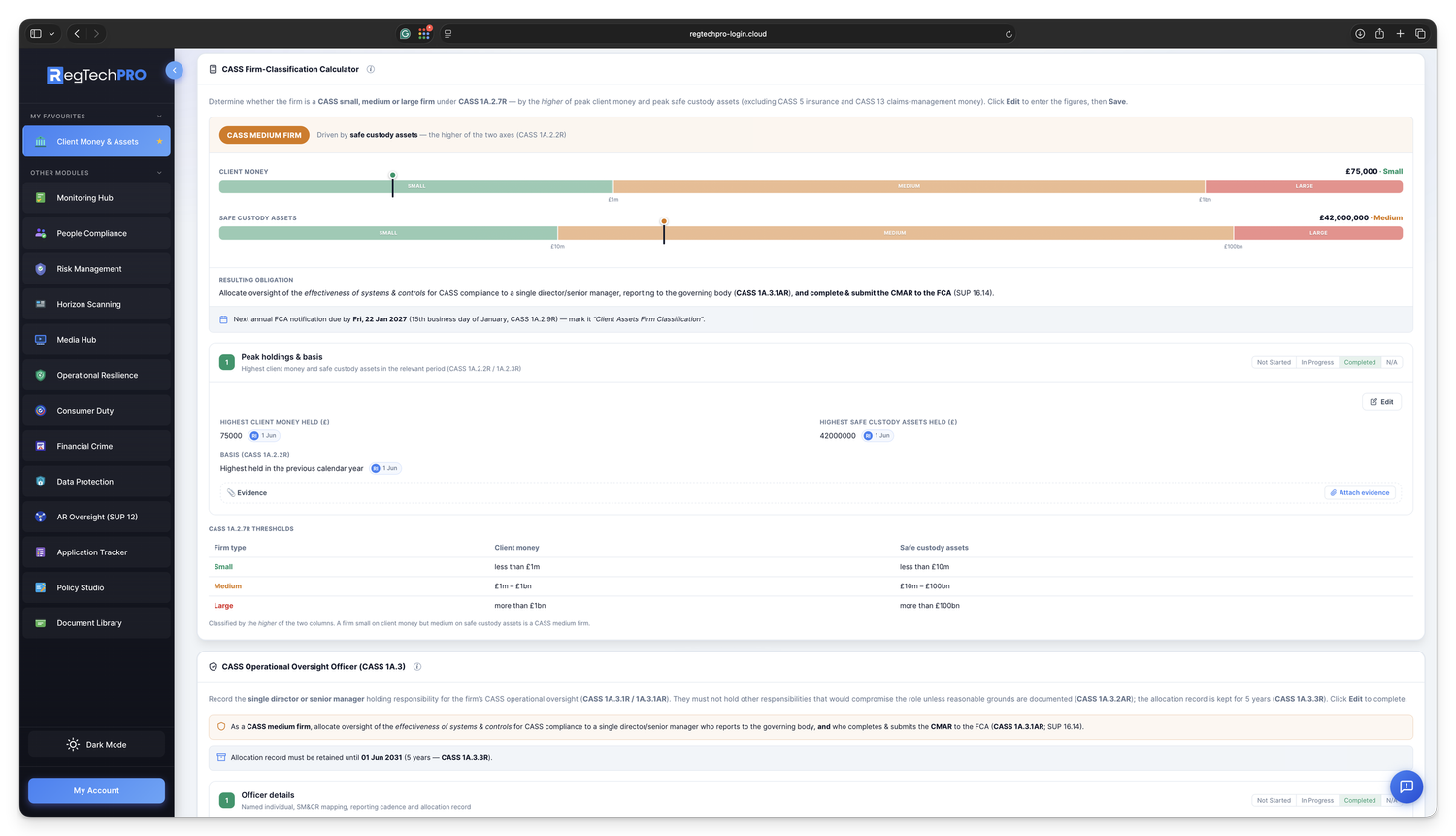 CASS calculators &mdash; the CASS 1A firm-classification calculator (small, medium or large and the CMAR obligation) and the client-money calculation computing requirement versus resource