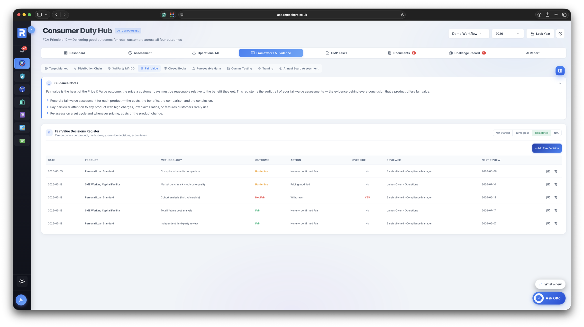 Built-in guidance notes above the Fair Value framework and decisions register