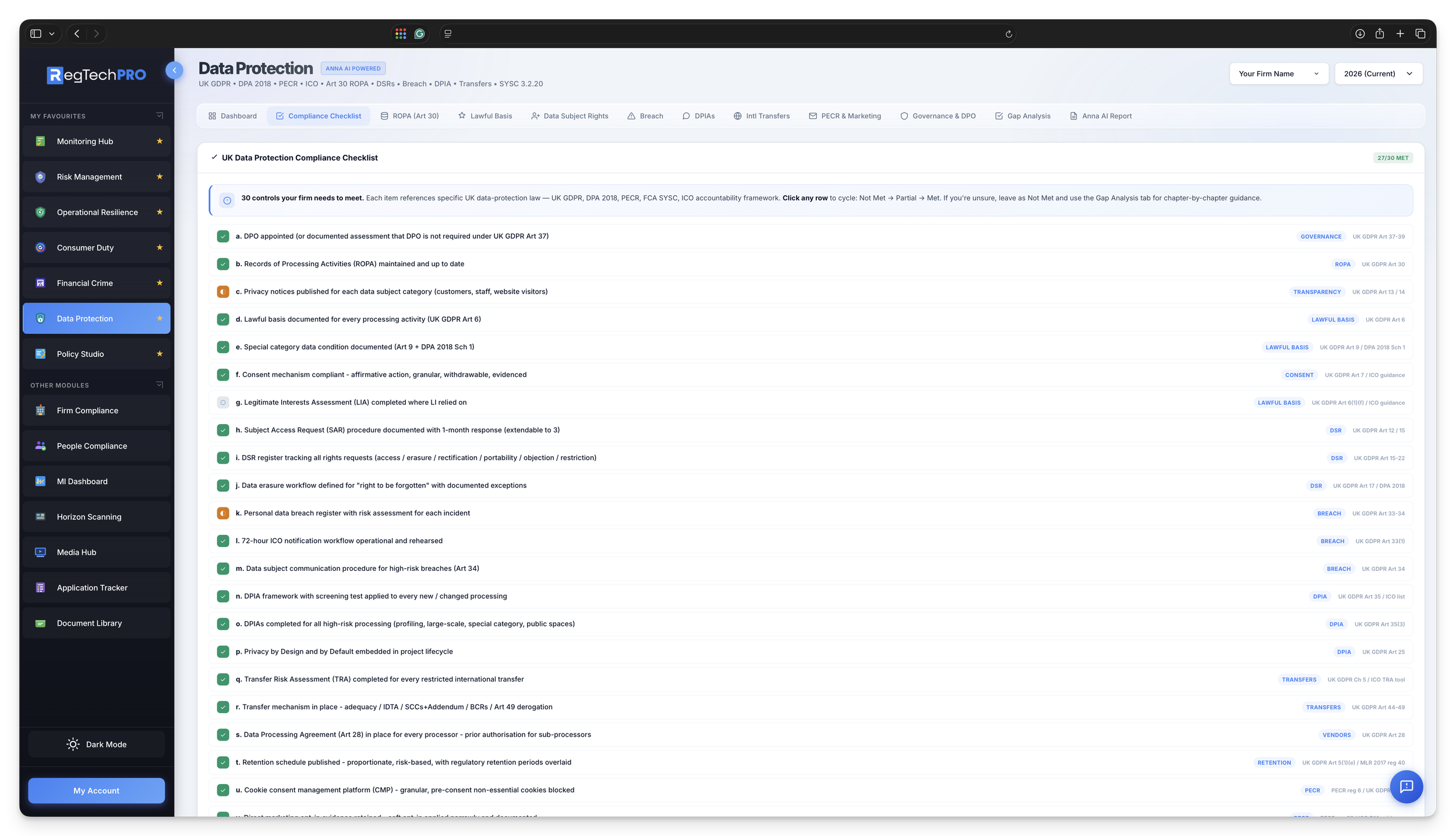 Data Protection checklists: ICO Accountability Framework controls with status, owner and evidence