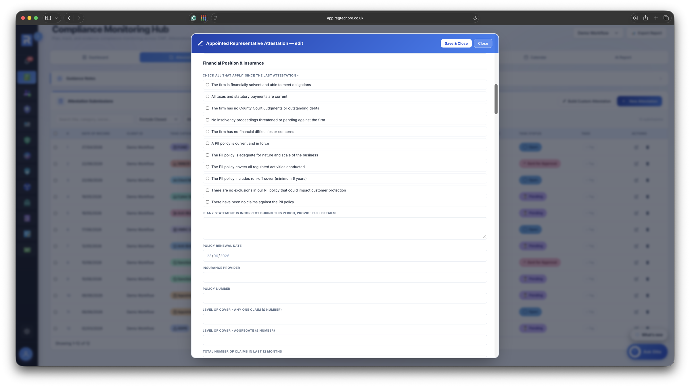 Attestation form being completed in the Compliance Monitoring Hub, with check-all obligation sections and maker-checker approval