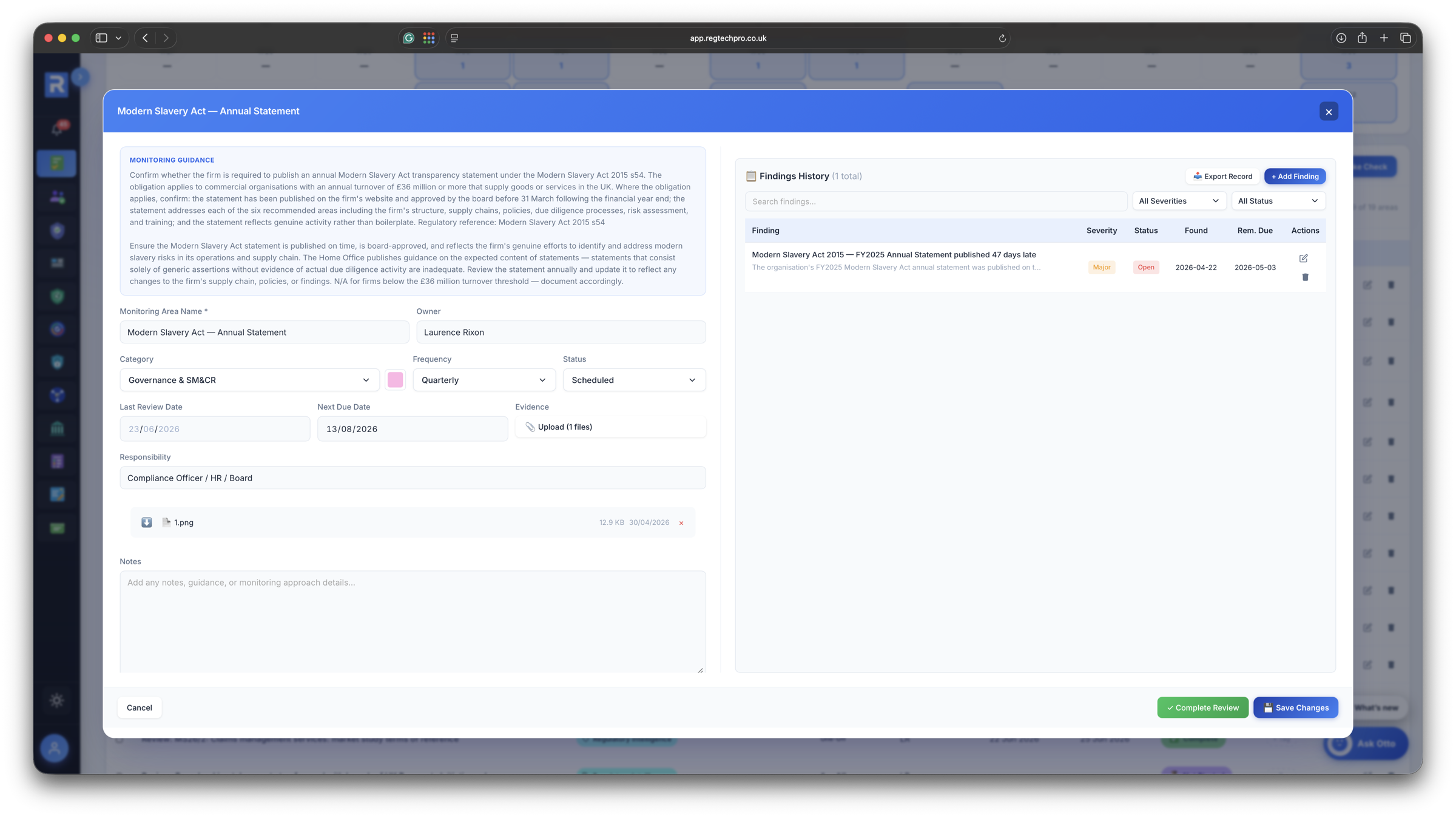 Built-in monitoring guidance on a task — plain-English regulatory context and a findings history