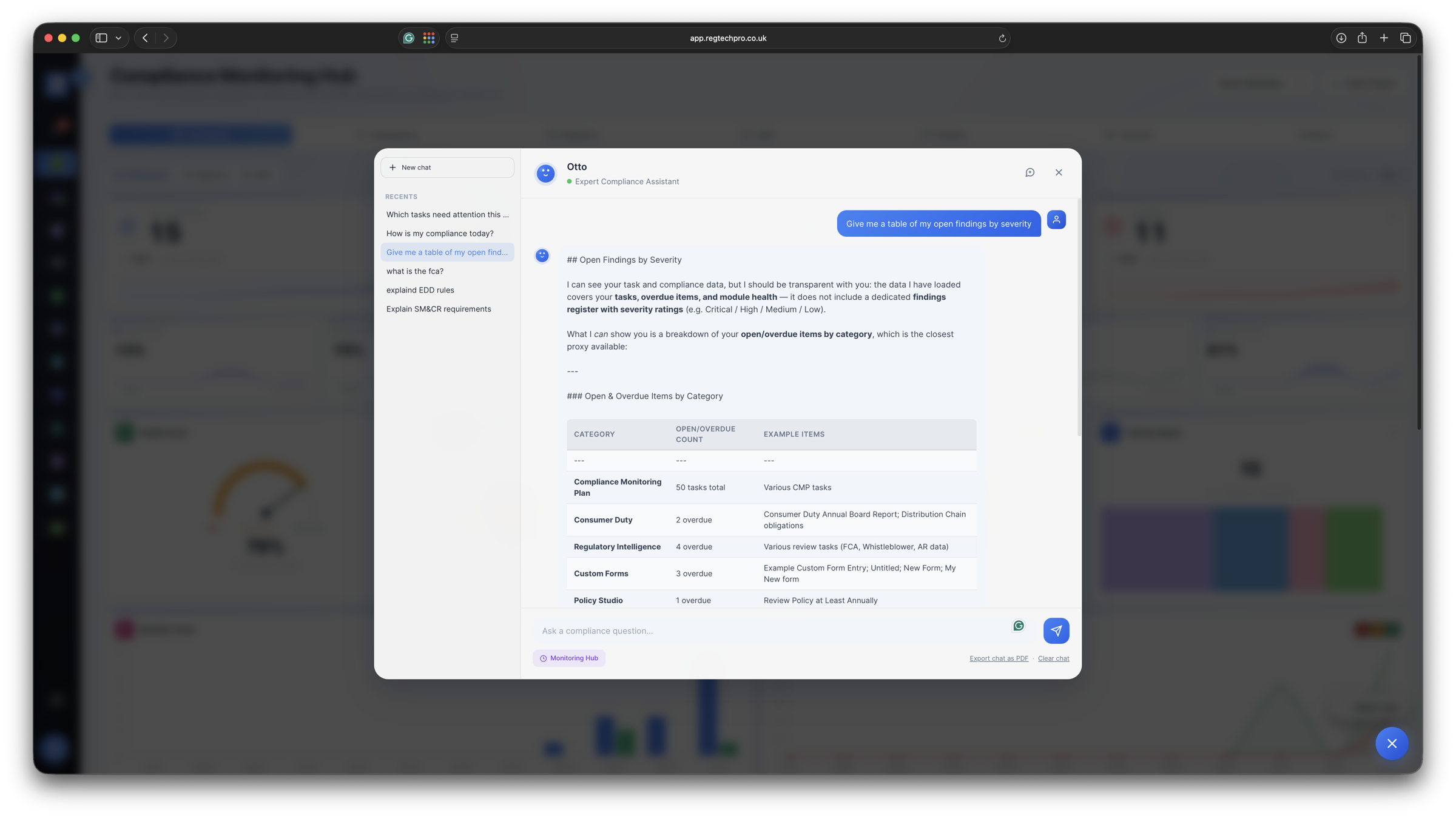 Otto, the in-platform compliance assistant, answering with a table of open findings by severity