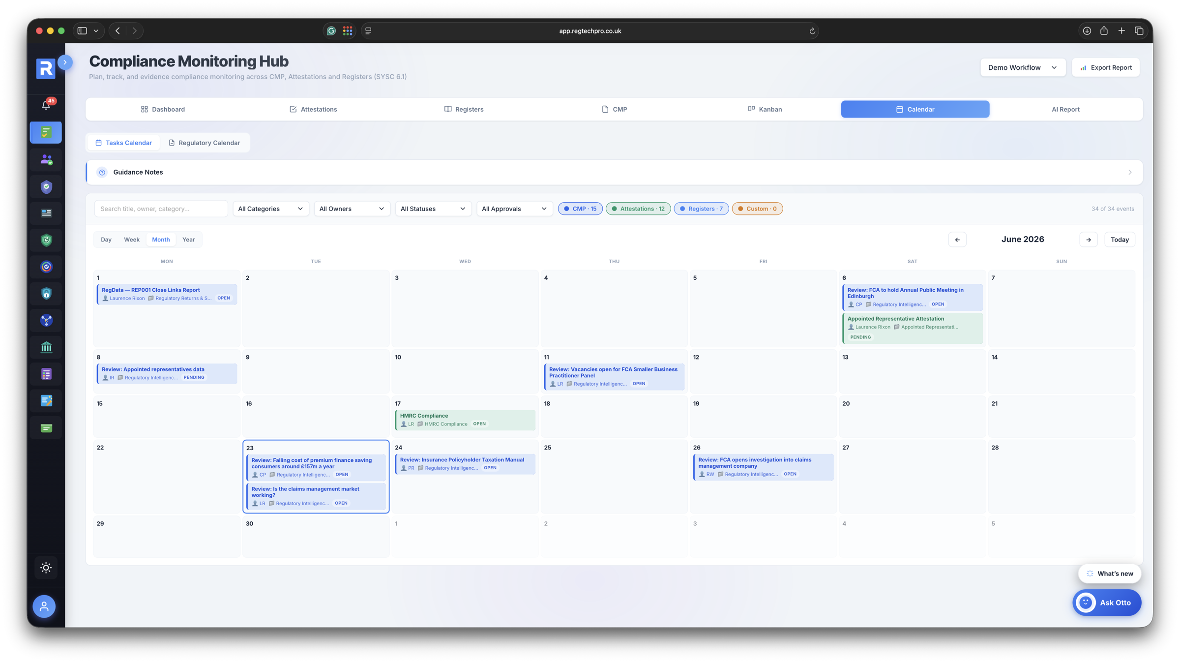 Task and Regulatory Calendar — monitoring tasks across Day, Week, Month and Year views with a second regulatory events mode