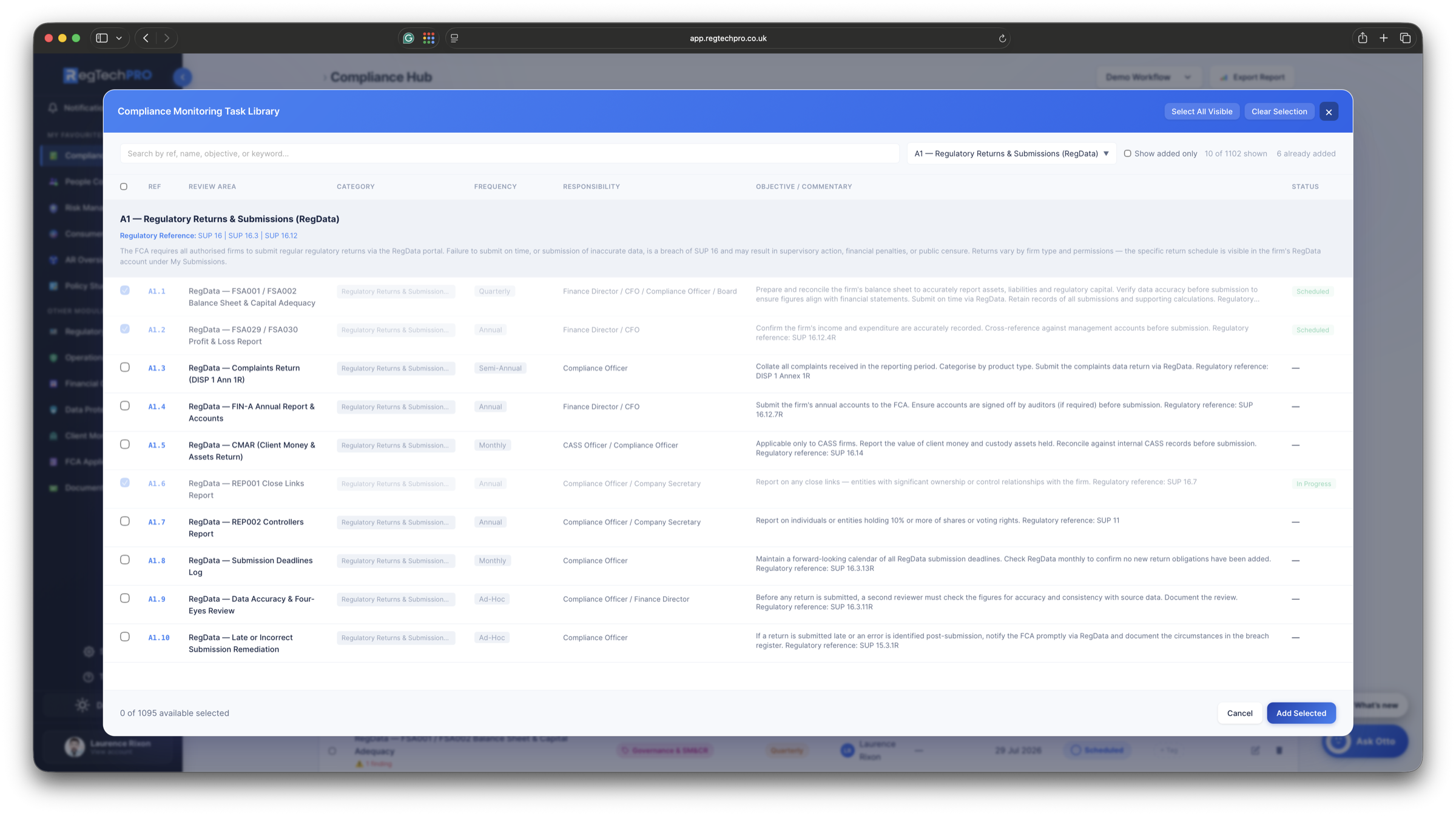 Compliance Hub &mdash; the Compliance Monitoring Task Library, with expert-built check templates by category, frequency, responsibility and regulatory reference