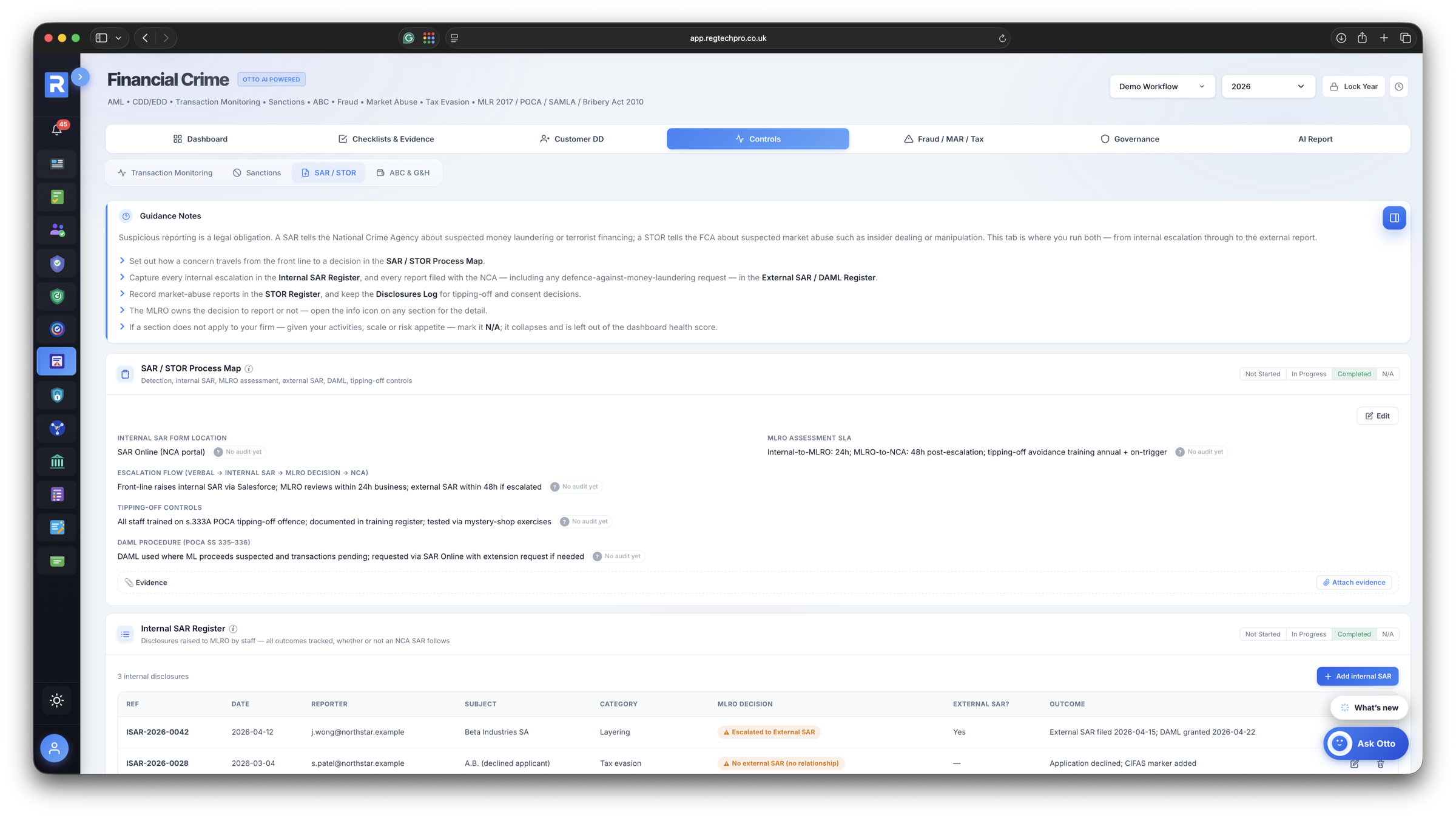 Built-in regulatory guidance notes on every Financial Crime screen