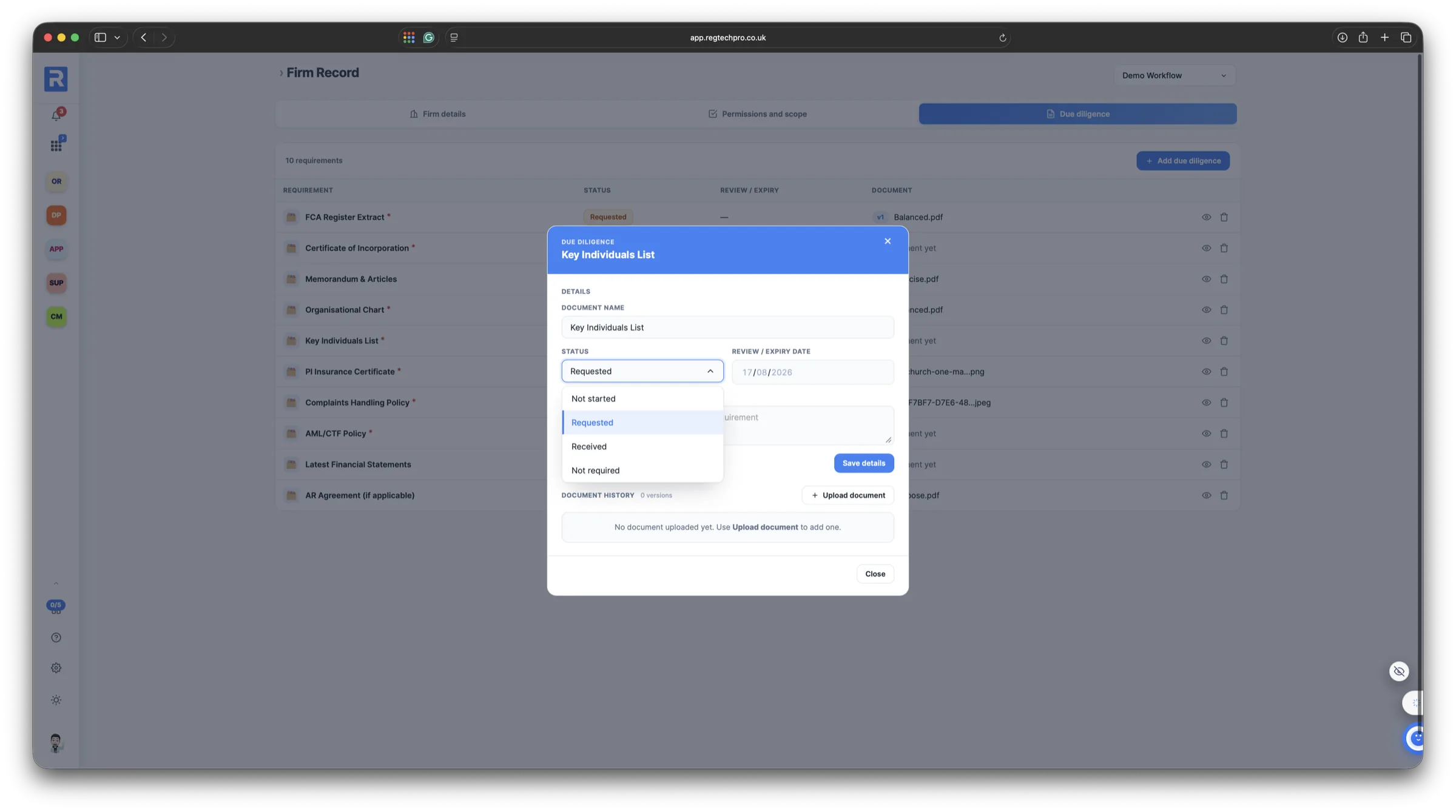 Firm Record — the due-diligence file, with a document requirement open and its version history