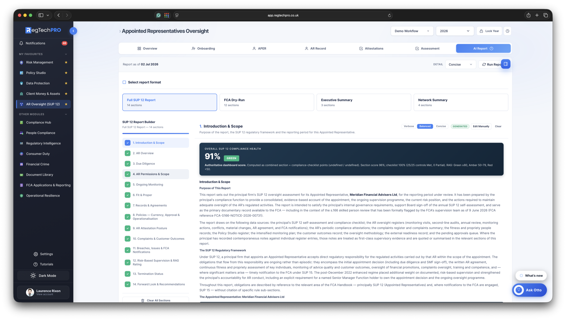 SUP 12 — AR Oversight &mdash; the Otto SUP 12 report builder, drafting a 14-section AR oversight report from live data