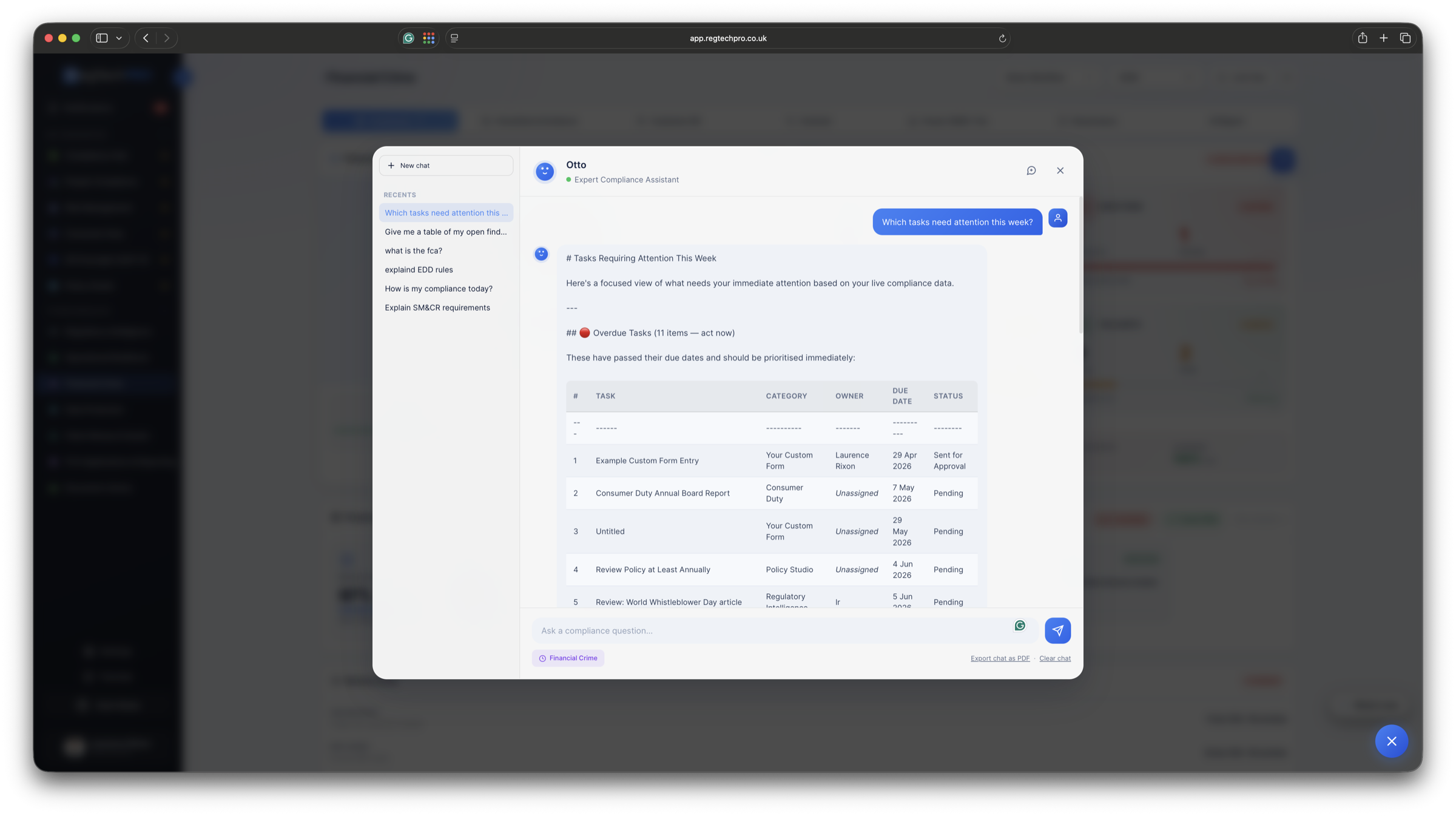 The Otto chat assistant open in RegTechPRO, answering a question with a table of open and overdue items by category, drawn from the firm's live compliance data.