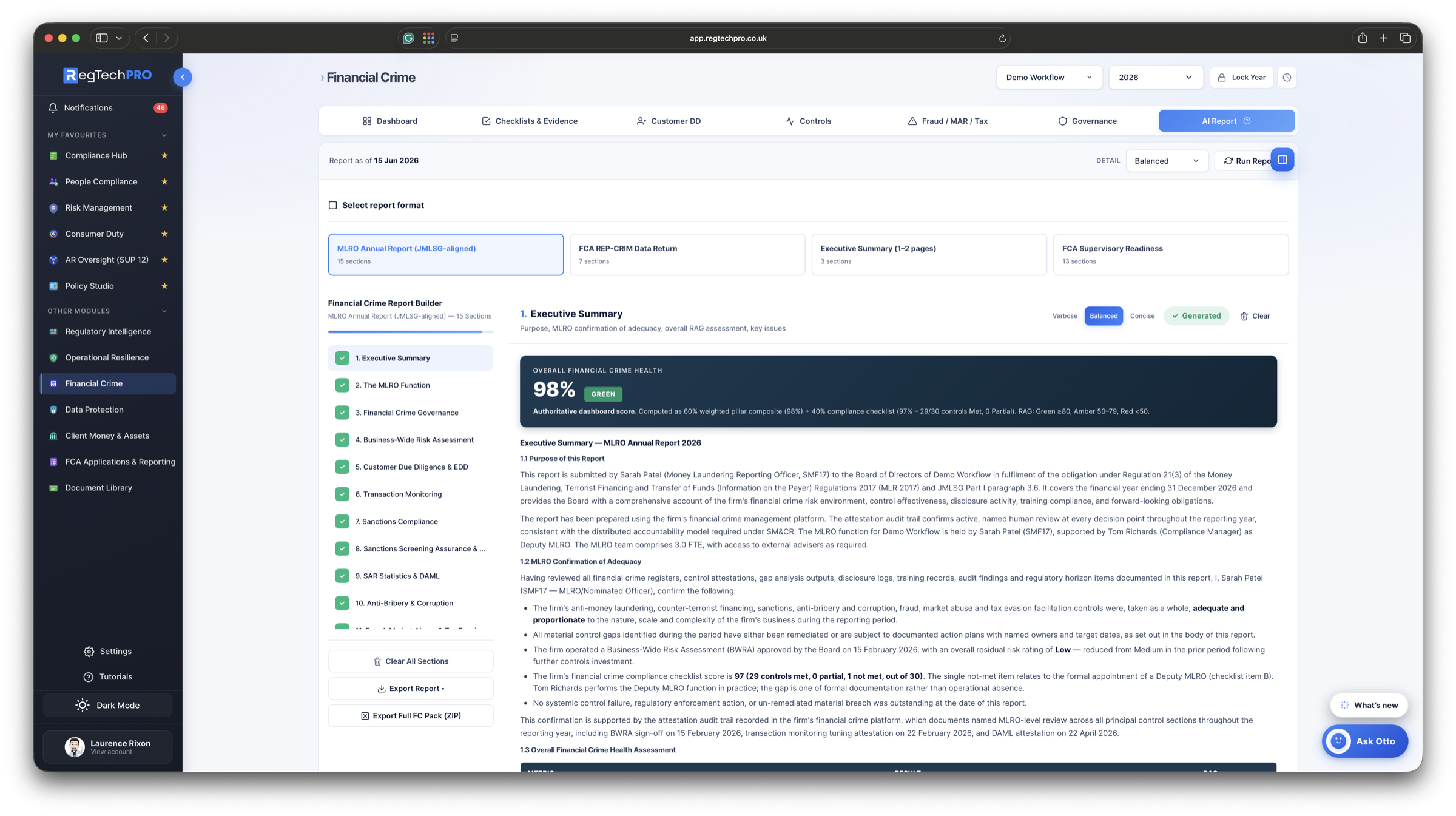 Otto AI report builder &mdash; the Annual Compliance Monitoring Report drafted from live data