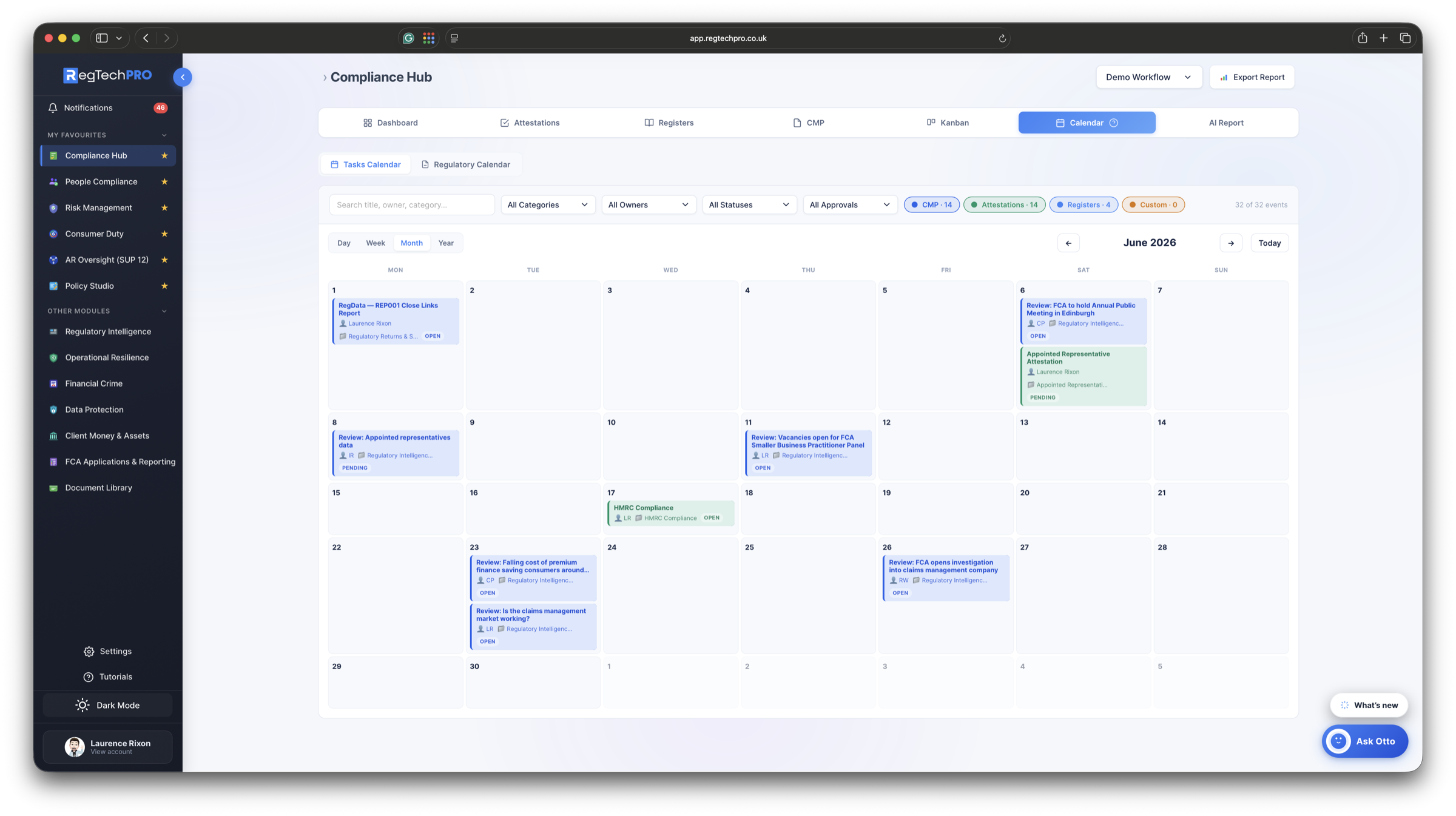 A two-year task and regulatory calendar in RegTechPRO, showing scheduled reviews, reporting deadlines and the firm's own compliance cycles.