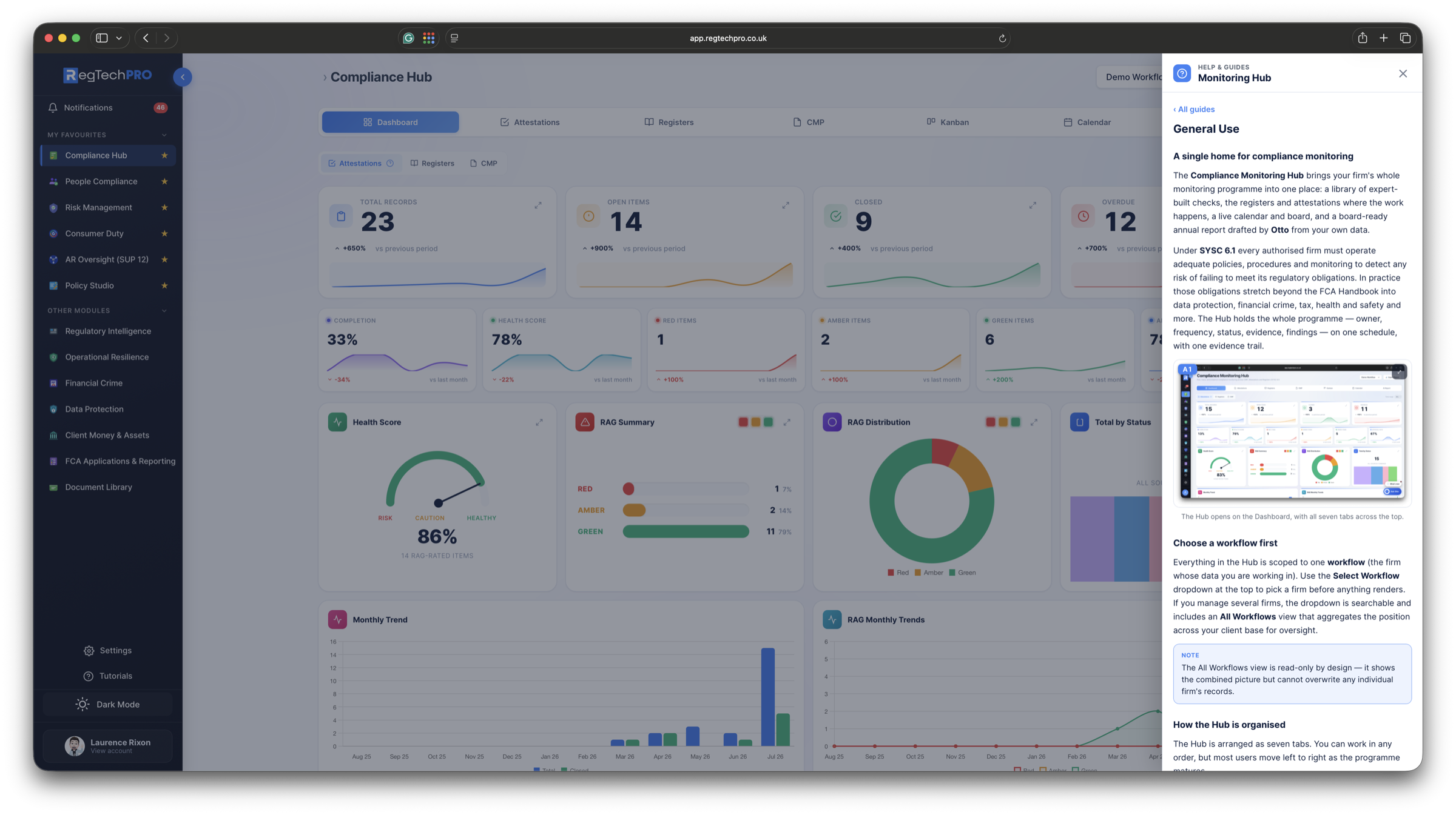The Help & Guides drawer open in RegTechPRO, showing a step-by-step guide for the page you're on — why it matters and how to complete each task.
