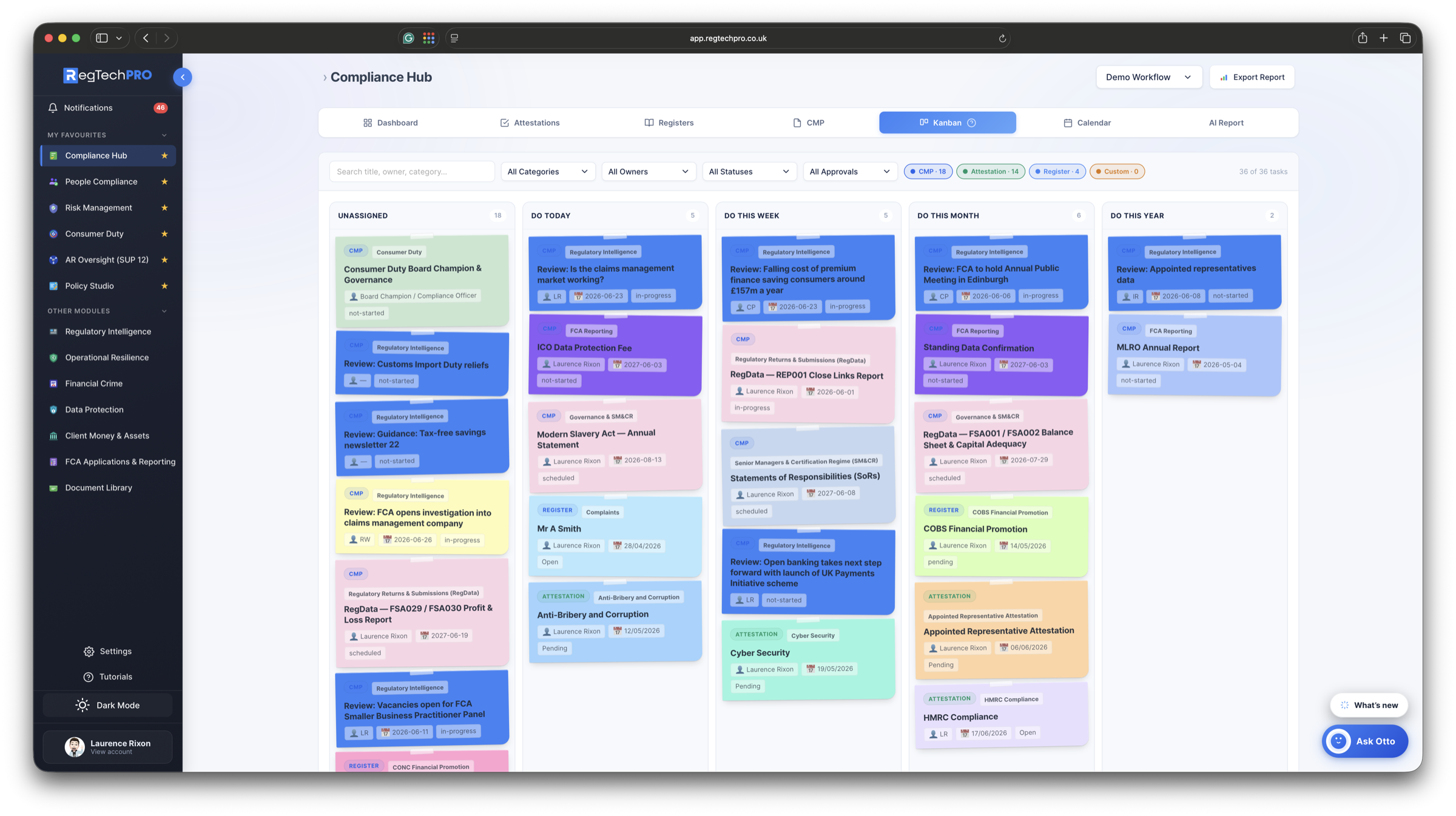 Task management in RegTechPRO — a Kanban board organised by time bucket, with owner, category and due-date labels on each card.