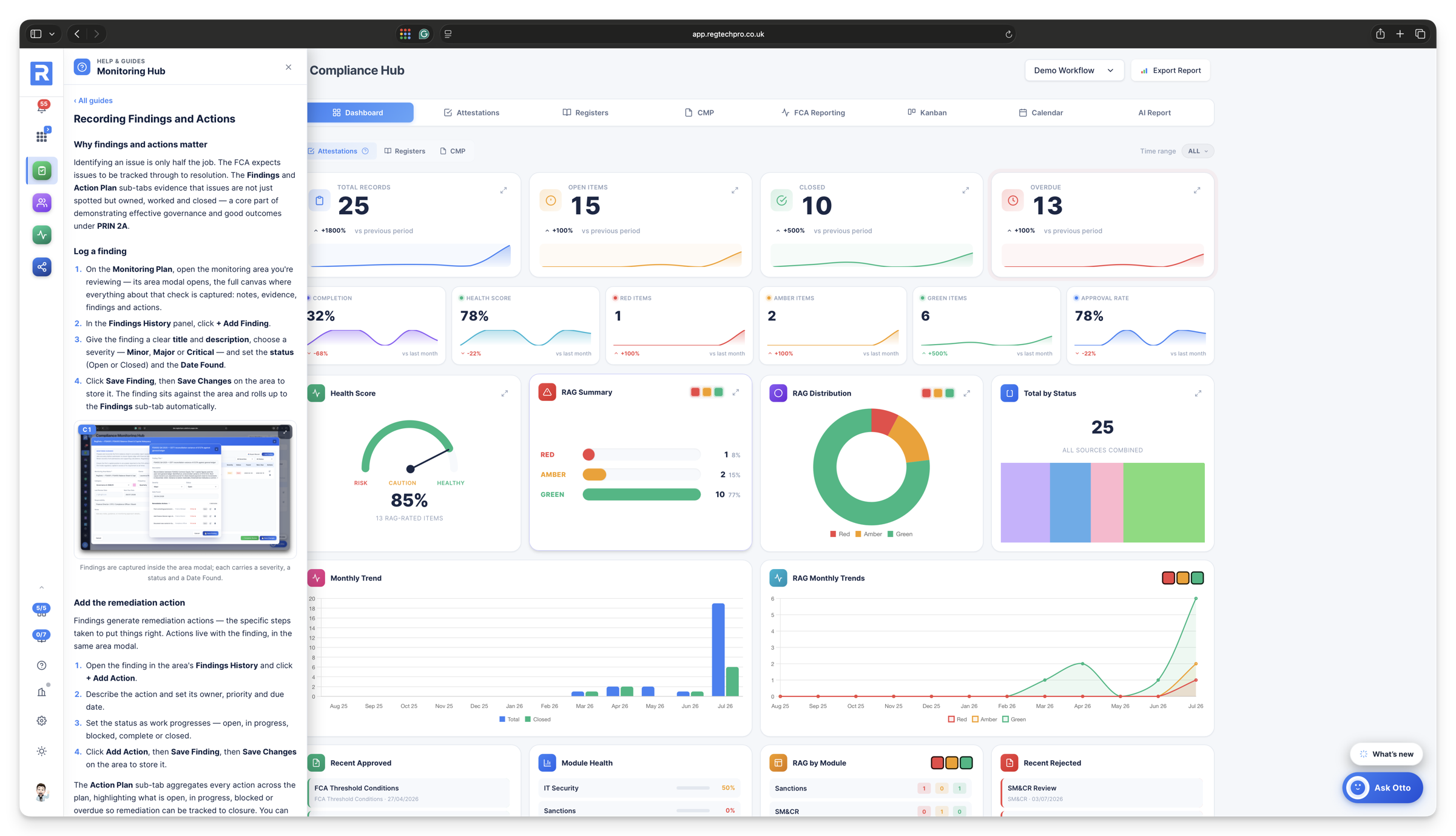 In-platform guidance panel &mdash; step-by-step help for recording findings, actions and evidence, embedded directly in the Compliance Monitoring Hub