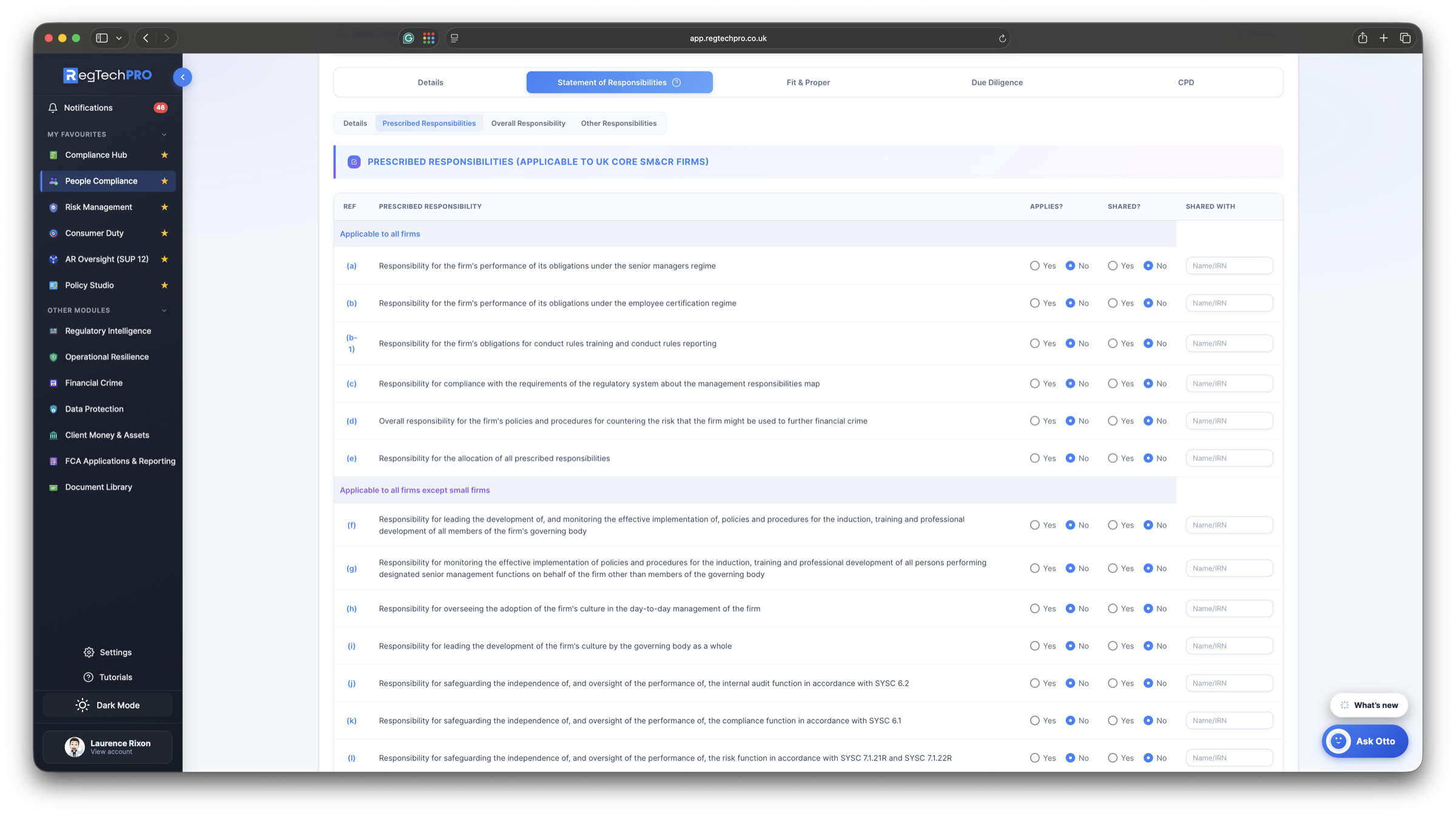 People Compliance &mdash; Statement of Responsibilities