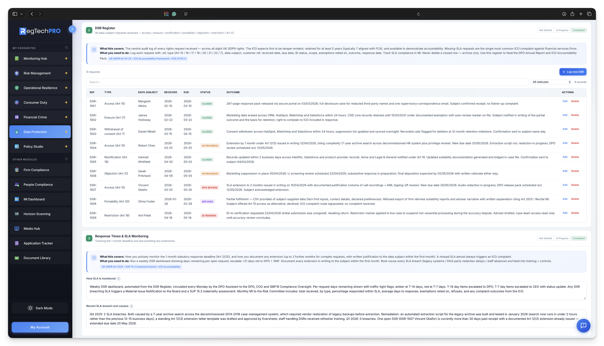 Data Subject Rights register: Art 15-22 requests, 1-month SLA, identity verification, DPA 2018 exemption review
