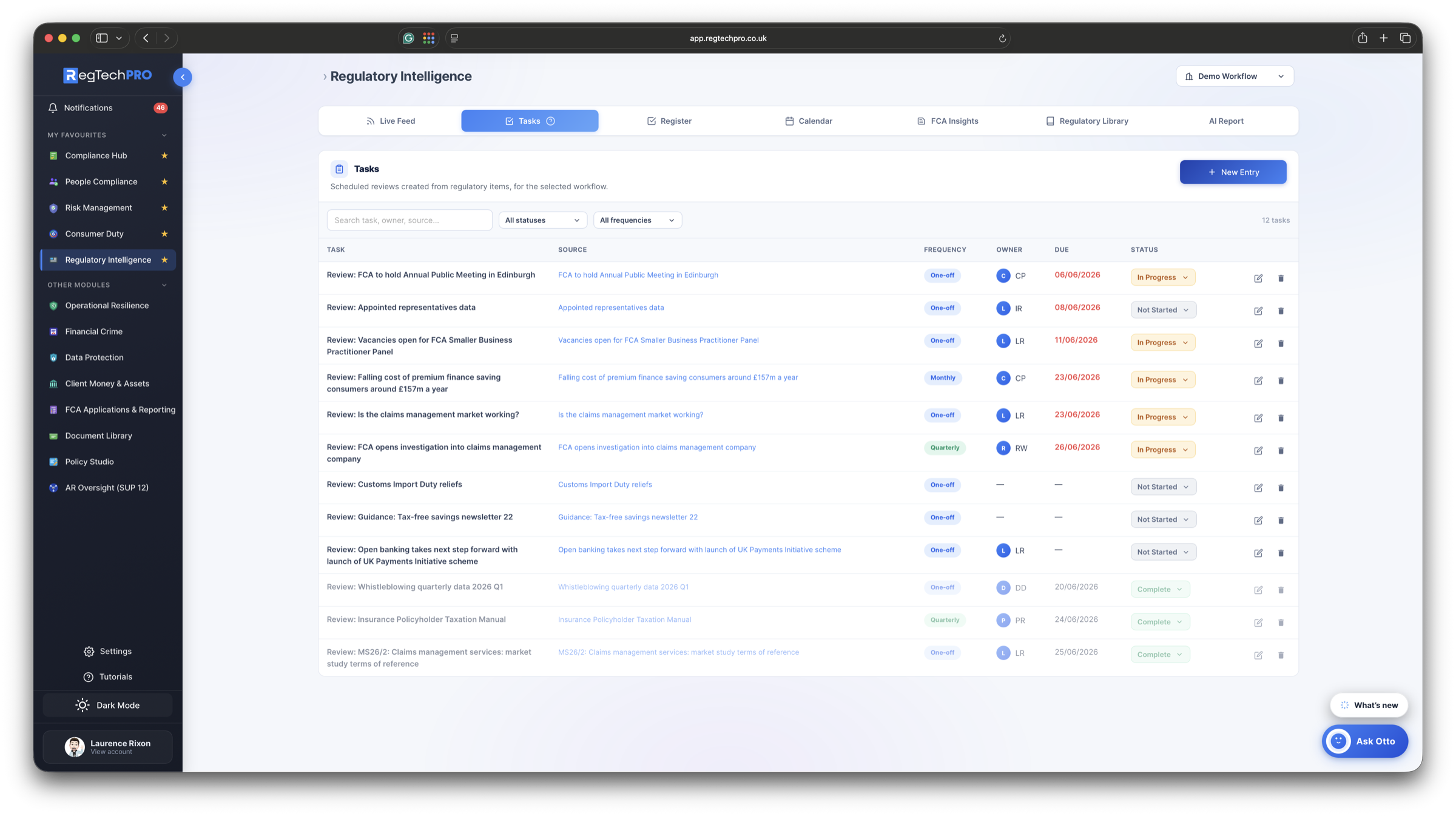 Regulatory Intelligence &mdash; Task register