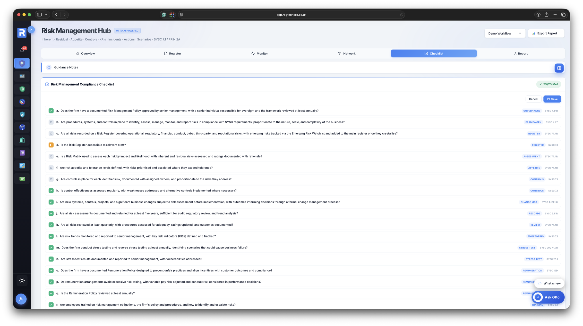 SYSC 7 Risk Management compliance checklist with named attestors and rule mapping