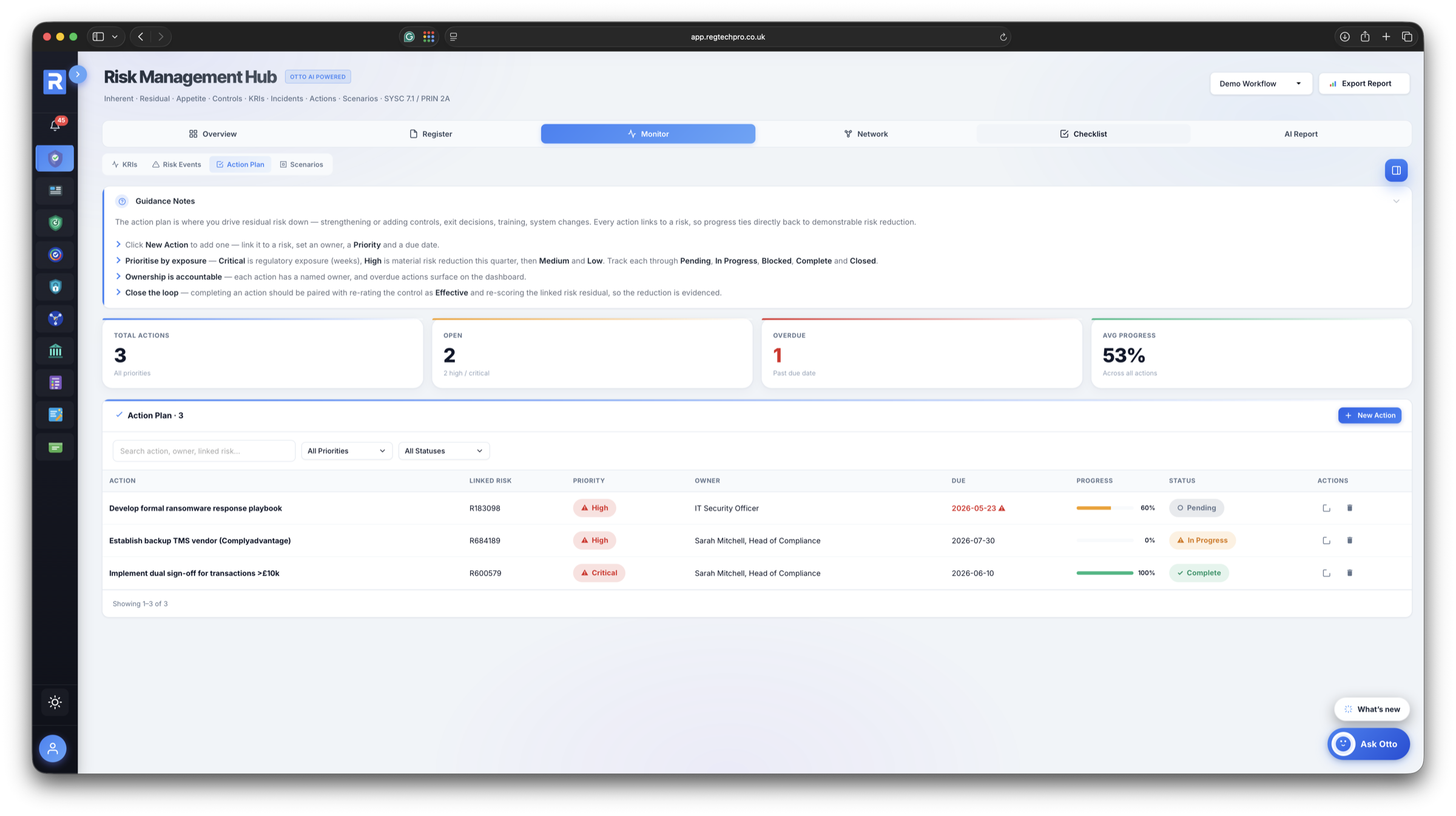 Mitigation action plan with built-in guidance notes &mdash; owned, prioritised actions tracked by progress and due date