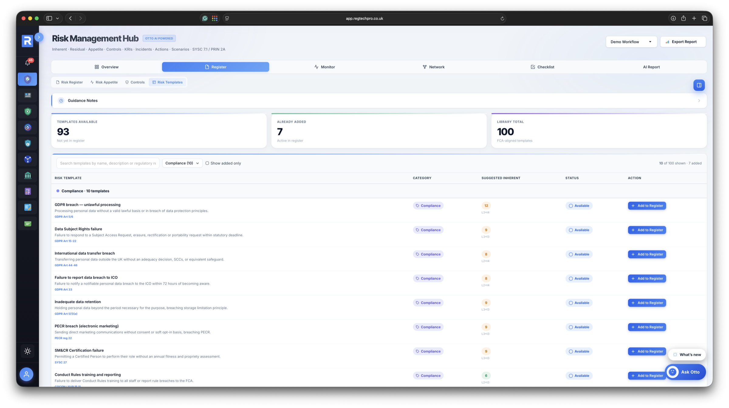 Risk Templates library &mdash; 100 pre-built risk templates for FCA-regulated firms with suggested inherent scores