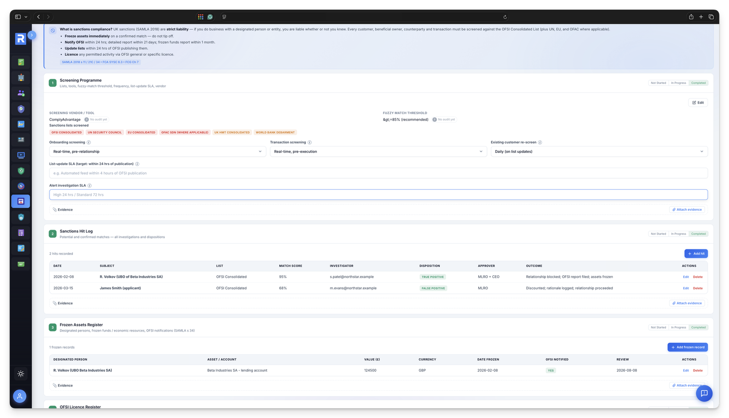 Sanctions workspace — screening programme, hit log, frozen-assets and OFSI licence registers and a breach log