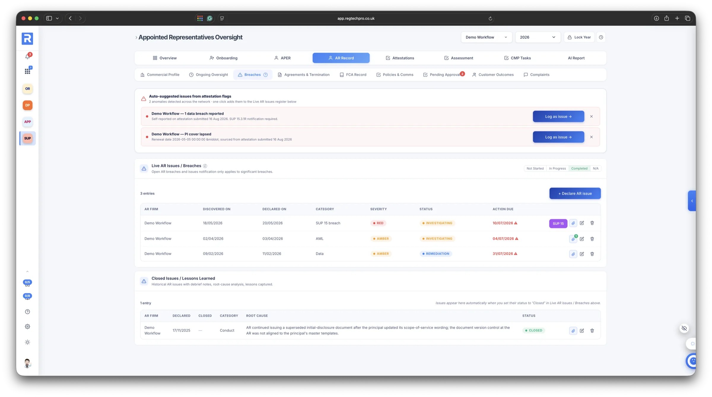 SUP 12 — AR Oversight — the AR breaches register with issues auto-suggested from attestation flags