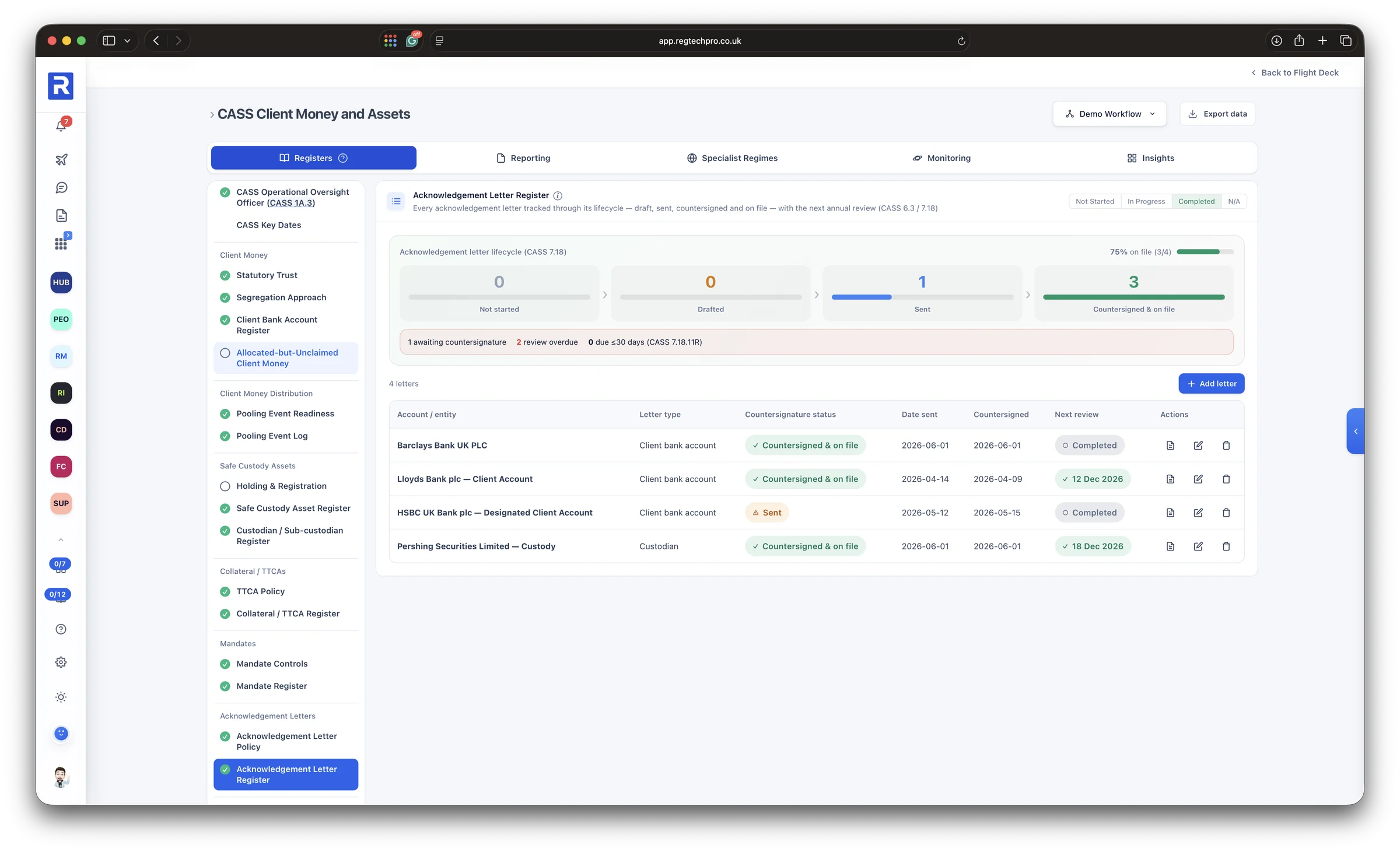 The CASS Client Money and Assets app: the acknowledgement letter register with each letter tracked from draft to countersigned and on file, and registers for client money, custody assets, collateral and mandates