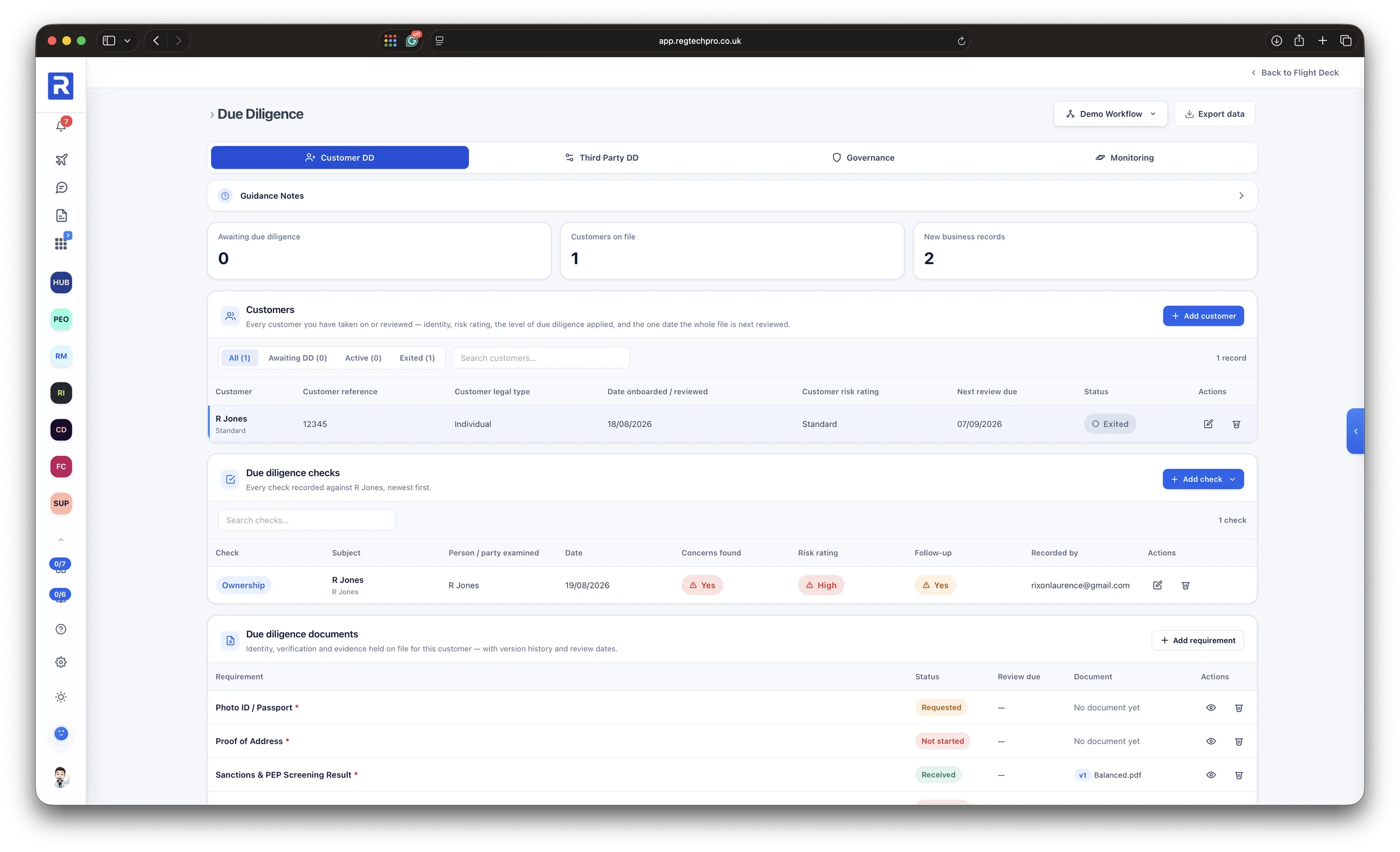 The Due Diligence app: customers on file with their risk rating and next review date, the due diligence checks recorded against a customer, and the documents held on file