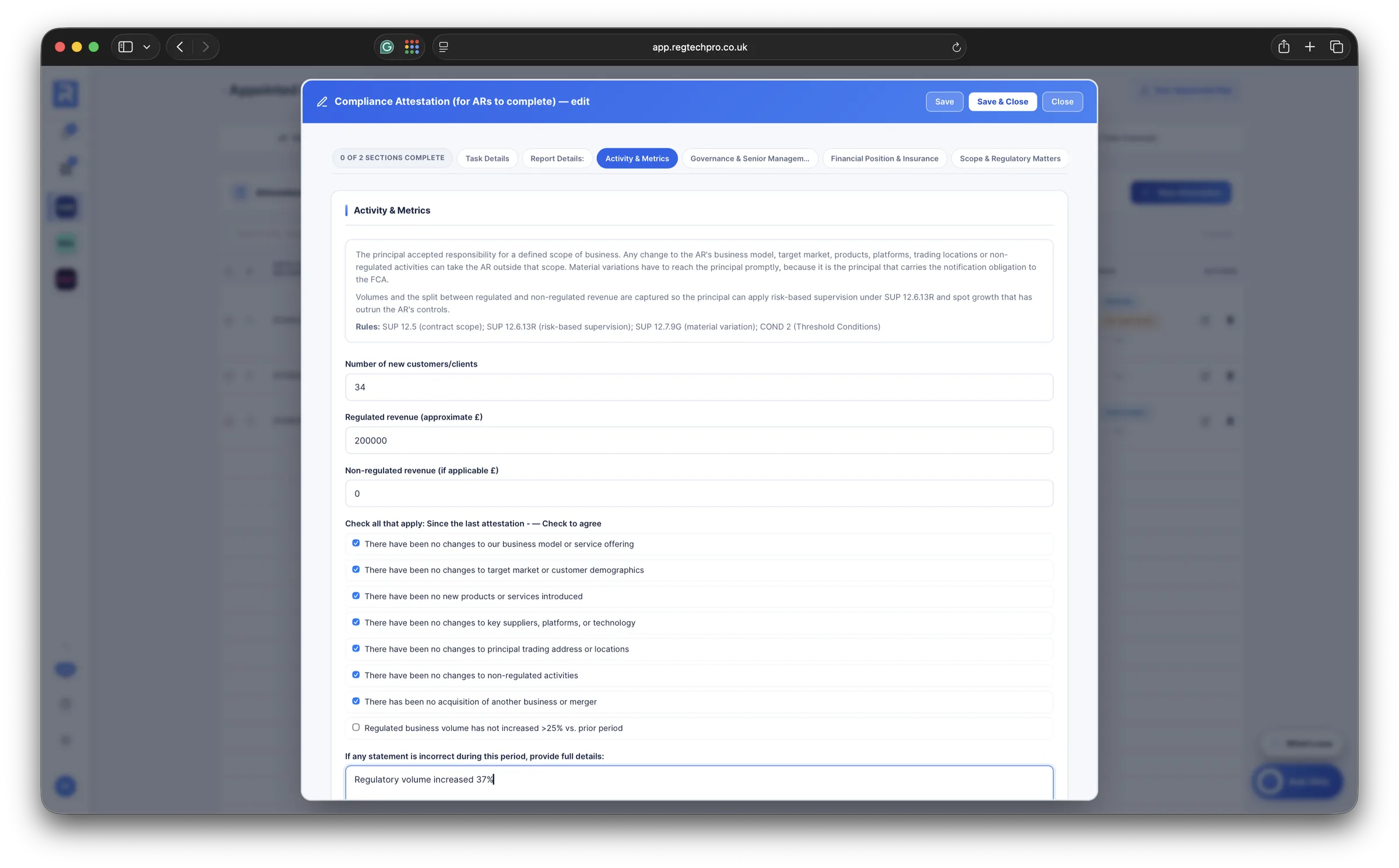 An AR completing its Compliance Attestation in the portal: the guidance, the figures for the period and the statements to confirm