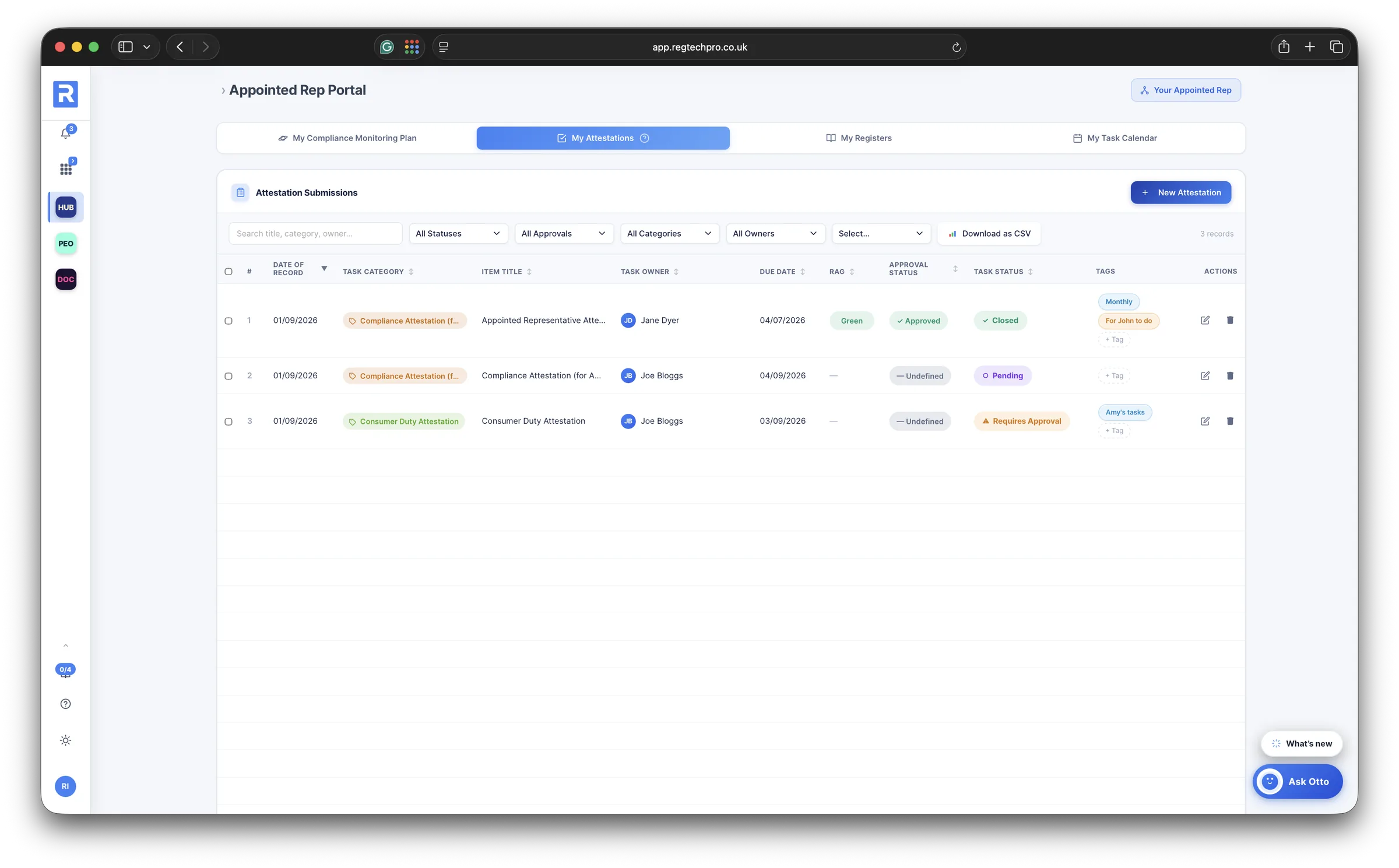 The AR's My Attestations tab: each submission with its approval status, RAG and task status
