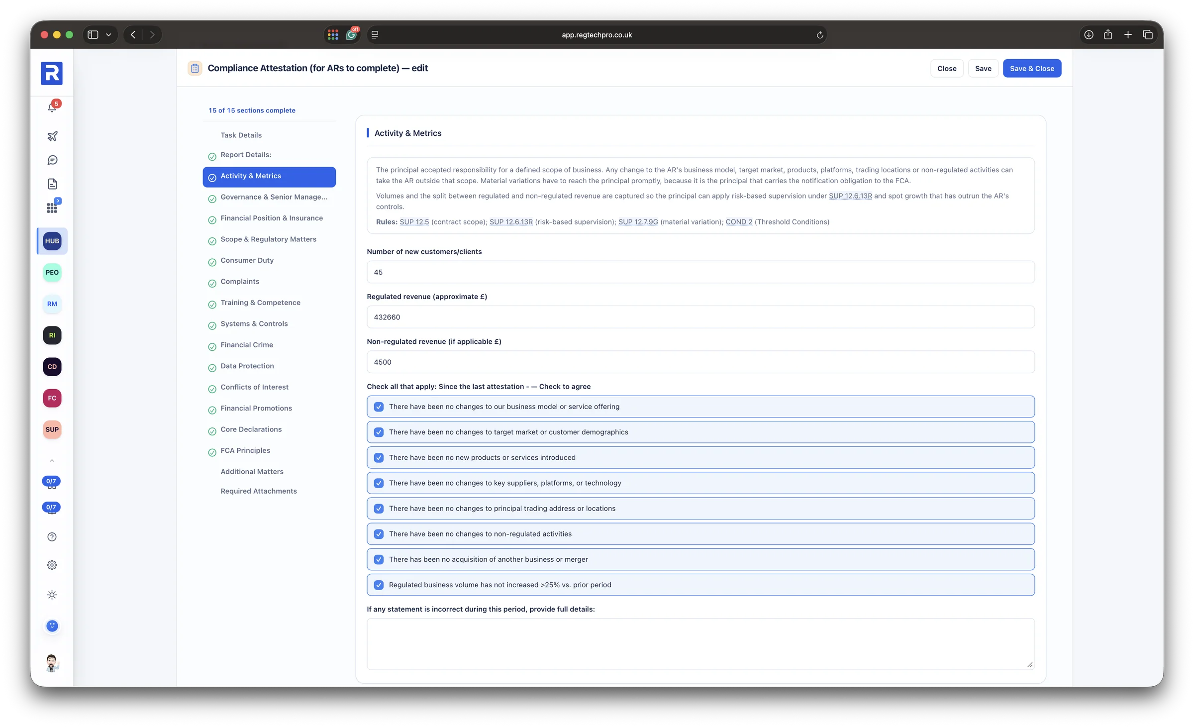 An appointed representative Compliance Attestation open on its Activity and Metrics section: the section guidance with its SUP and COND rule references, the figures for the period and the declarations to confirm