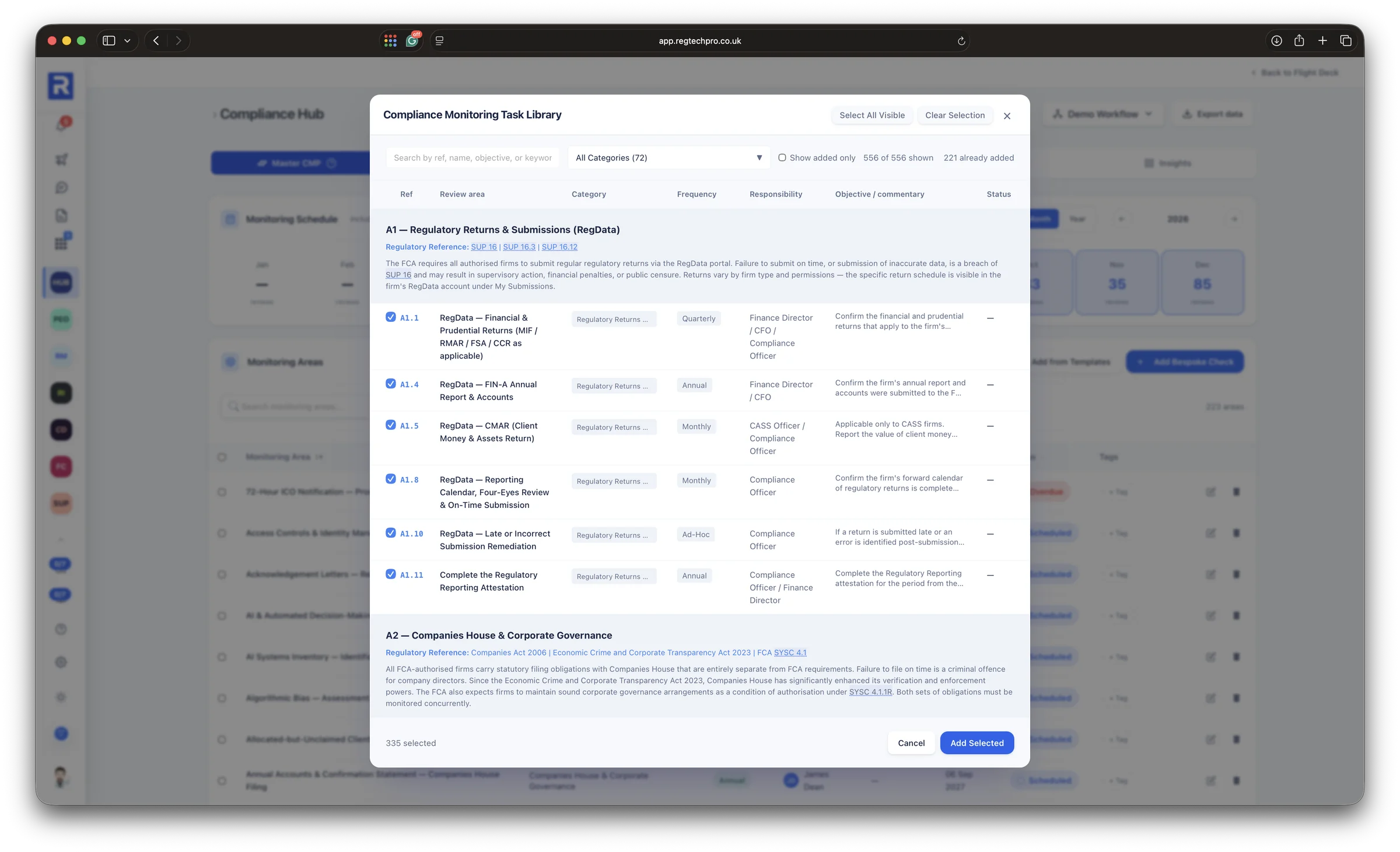 The monitoring task library: expert-built checks organised by chapter, added to the plan in a click