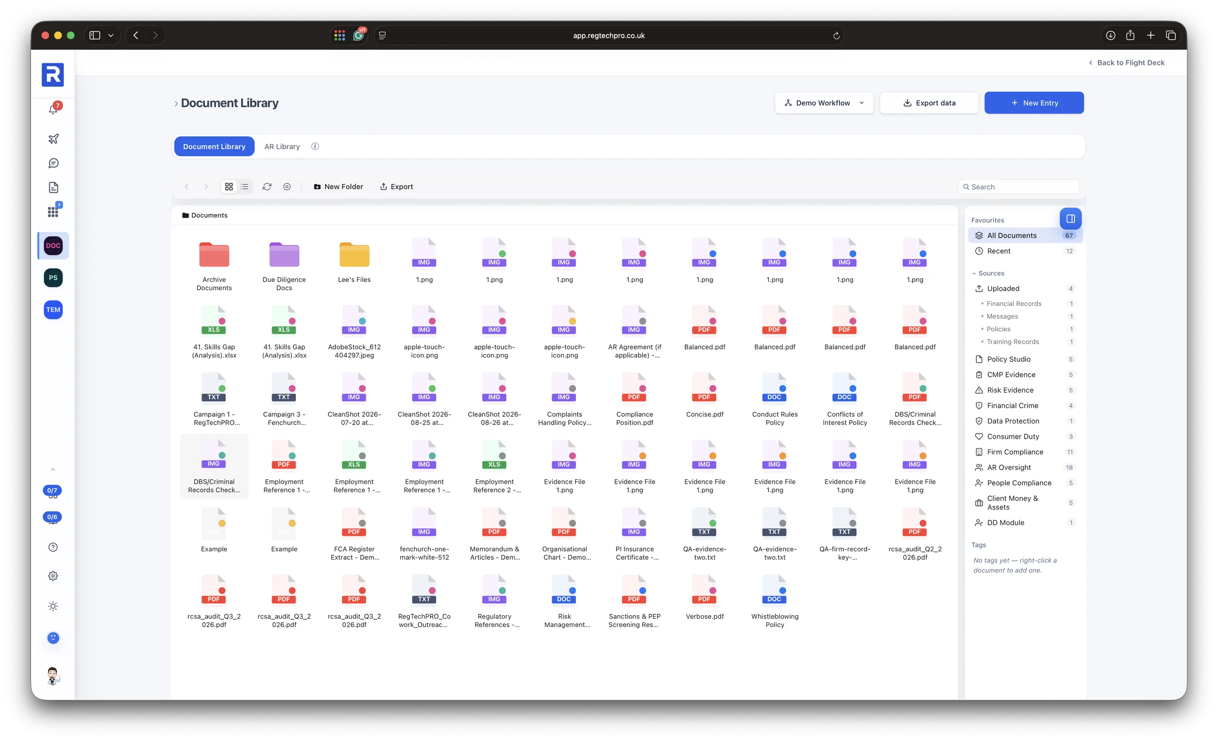 The Document Library: folders and files for the workflow, with every document grouped by the module it came from, recent items and an AR Library tab
