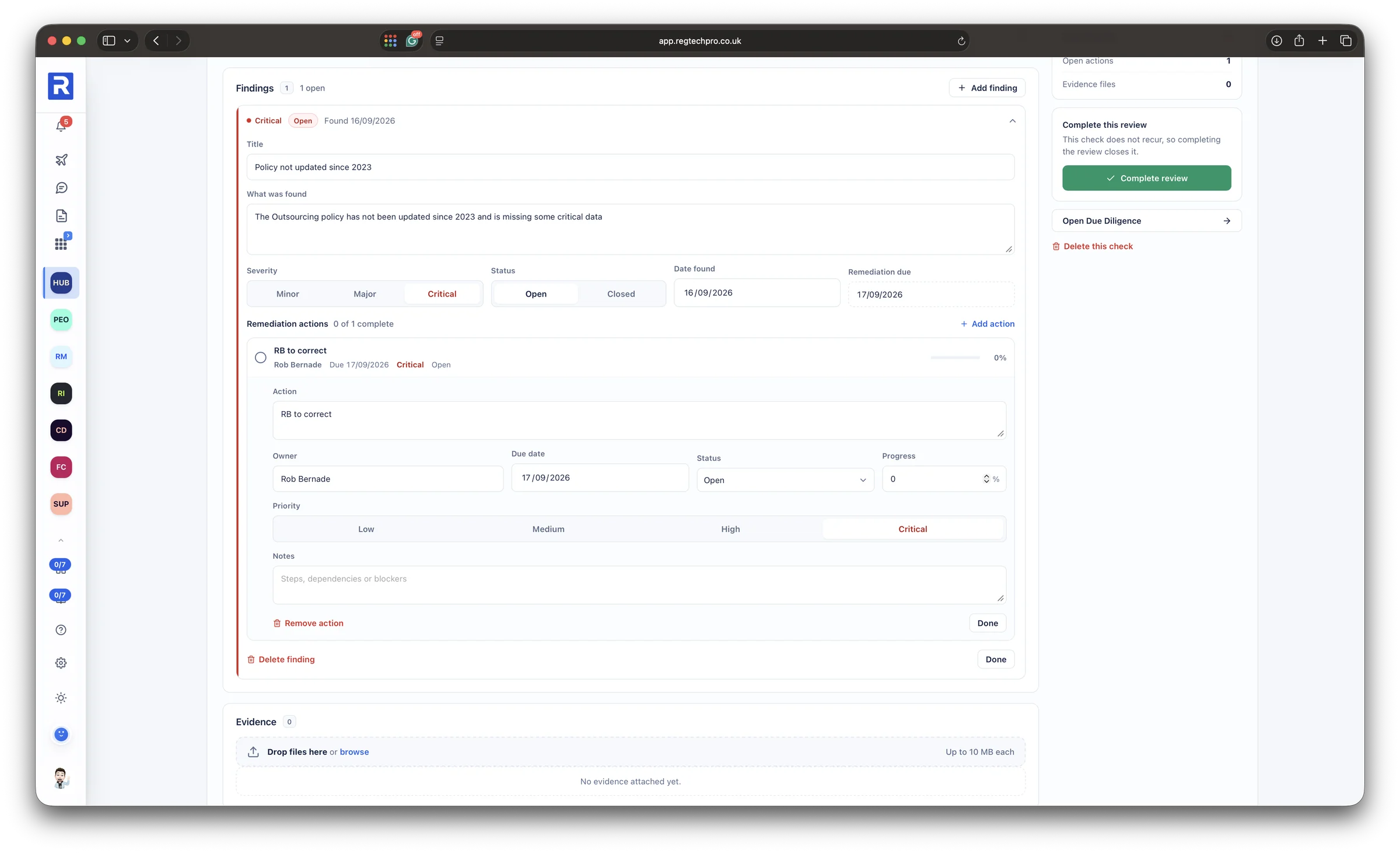 A finding open on a monitoring task: title, description, severity, status, date found and the remediation actions with owners and due dates