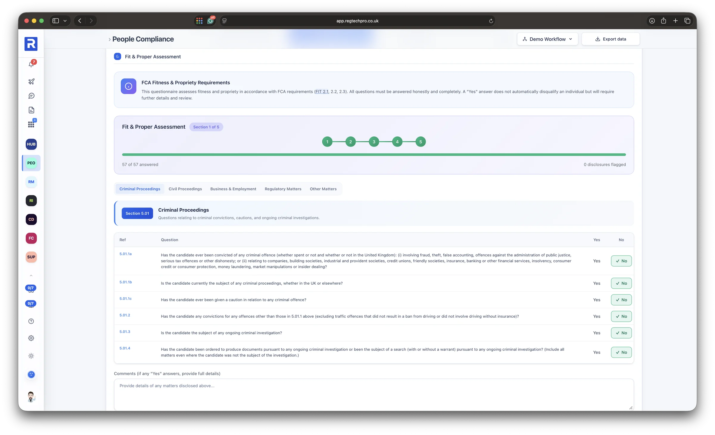A person's Fit and Proper assessment: criminal, civil, business, regulatory and other matters in five sections, every question answered, with disclosures counted and the FIT rules cited