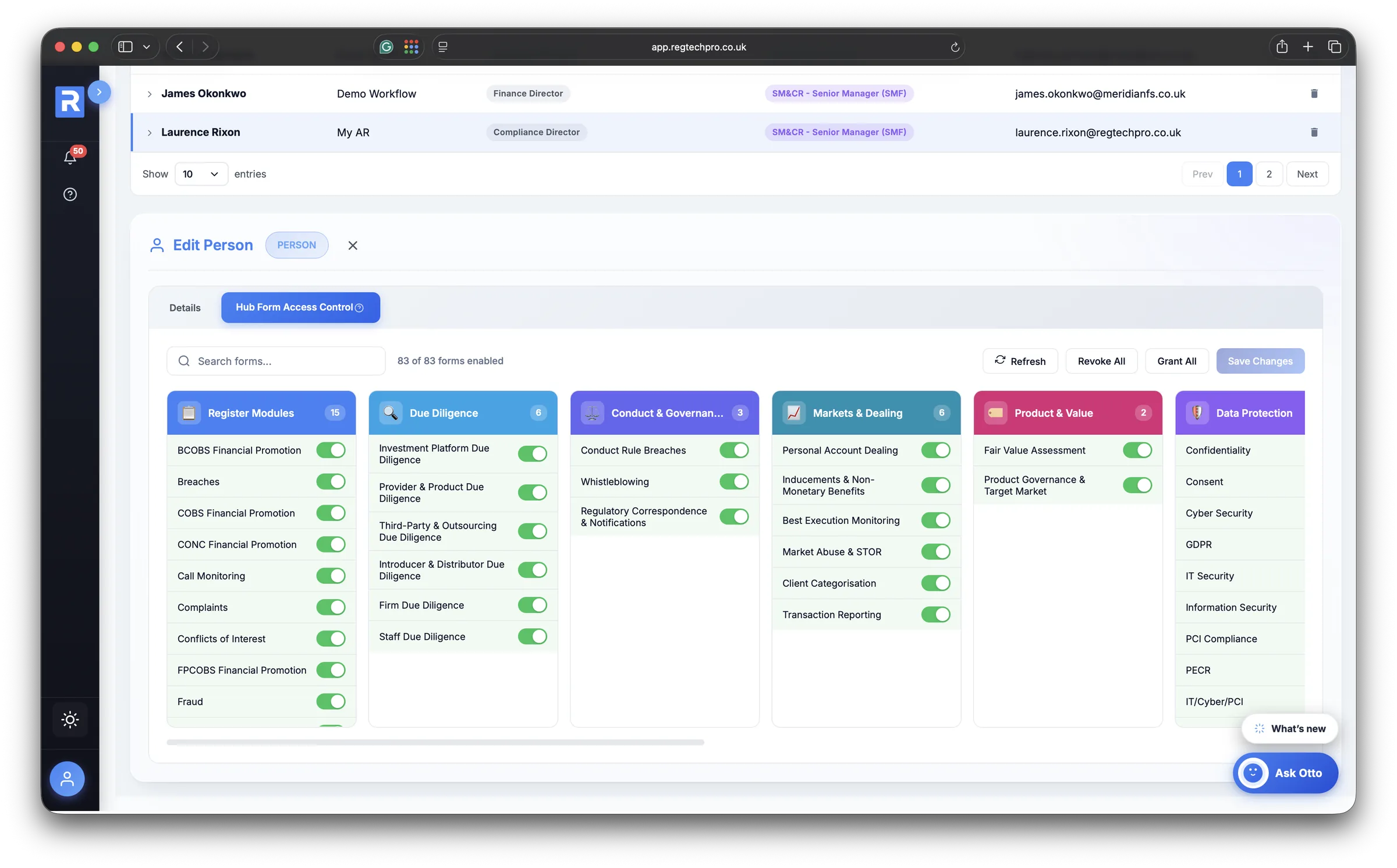A person's form access grid in Platform Administration: 83 of 93 forms enabled, grouped by module, with a toggle per form