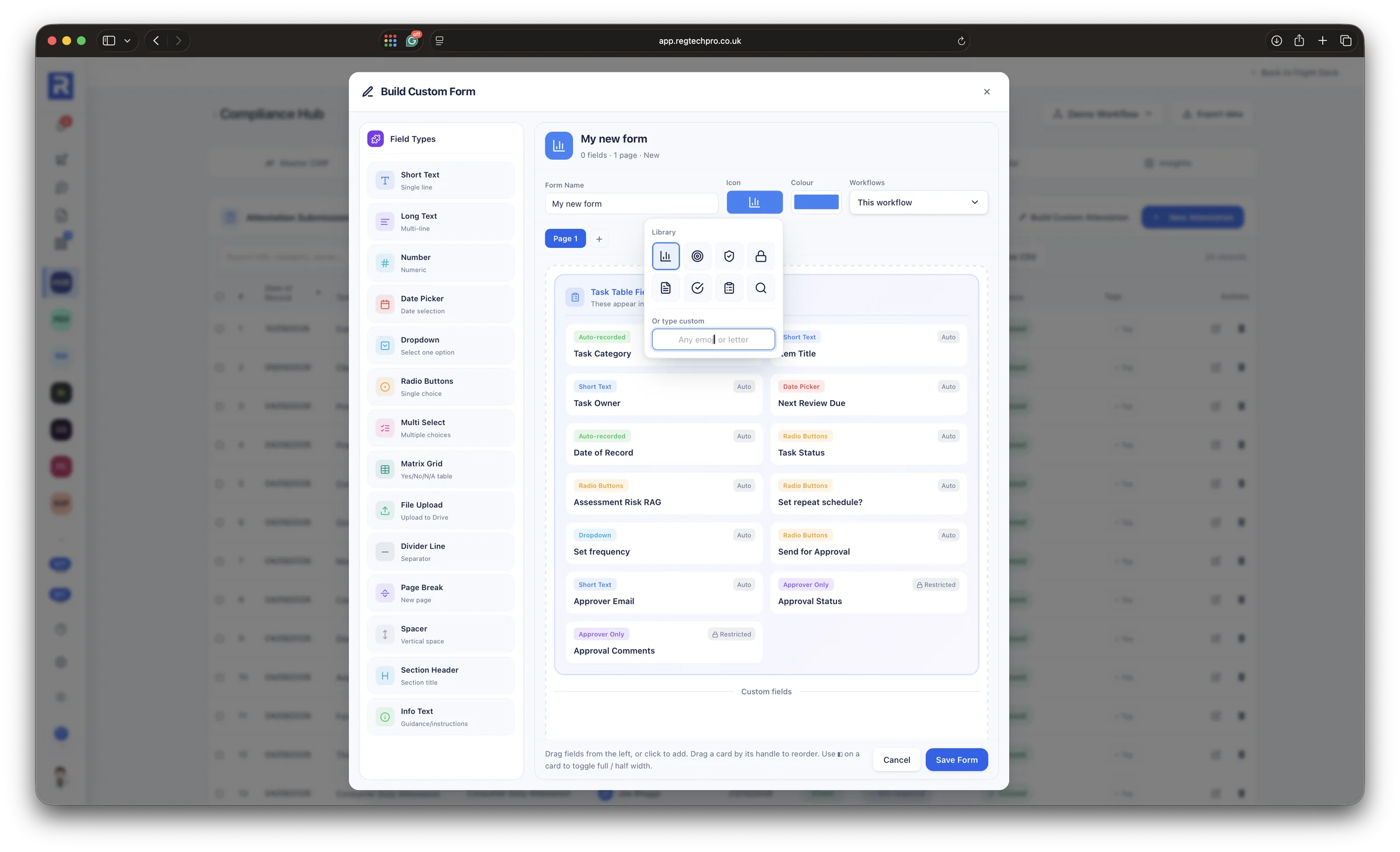 The custom form builder: a field palette and a form being assembled on the canvas