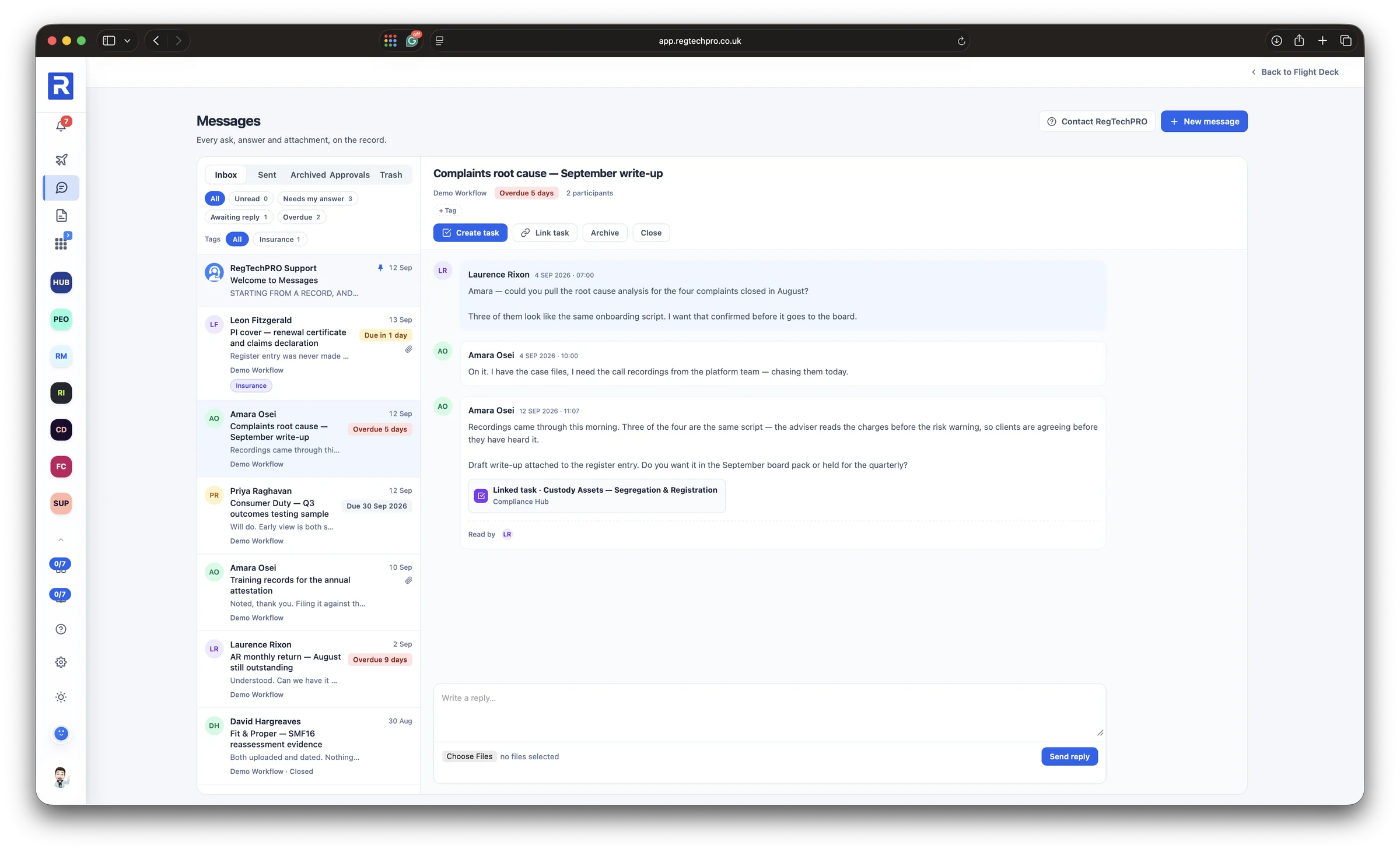 The Messages module: an inbox of conversations with due dates and tags, and an open conversation linked to a monitoring task, with read receipts and a reply box