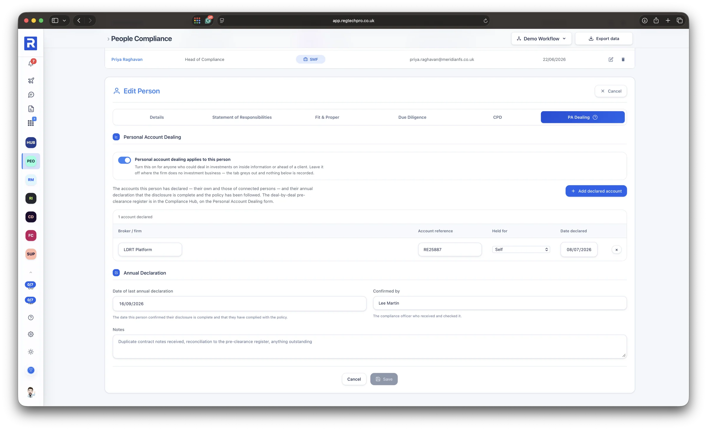 A person's Personal Account Dealing tab: the accounts they have declared, their own and those of connected persons, and the annual declaration with who confirmed it