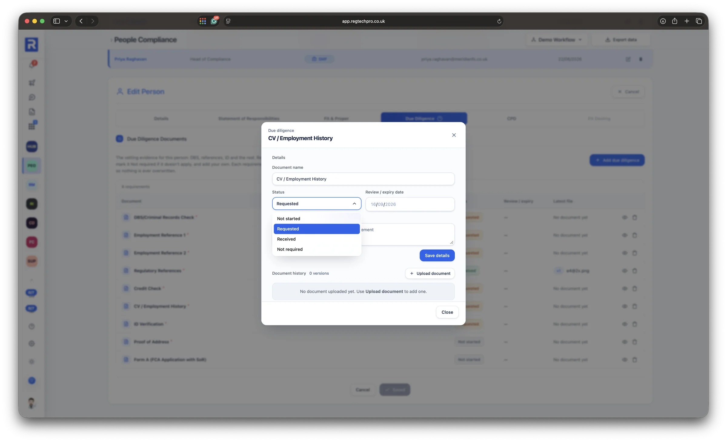 A person's due diligence document open: its status set to not started, requested, received or not required, a review or expiry date, and every uploaded version kept