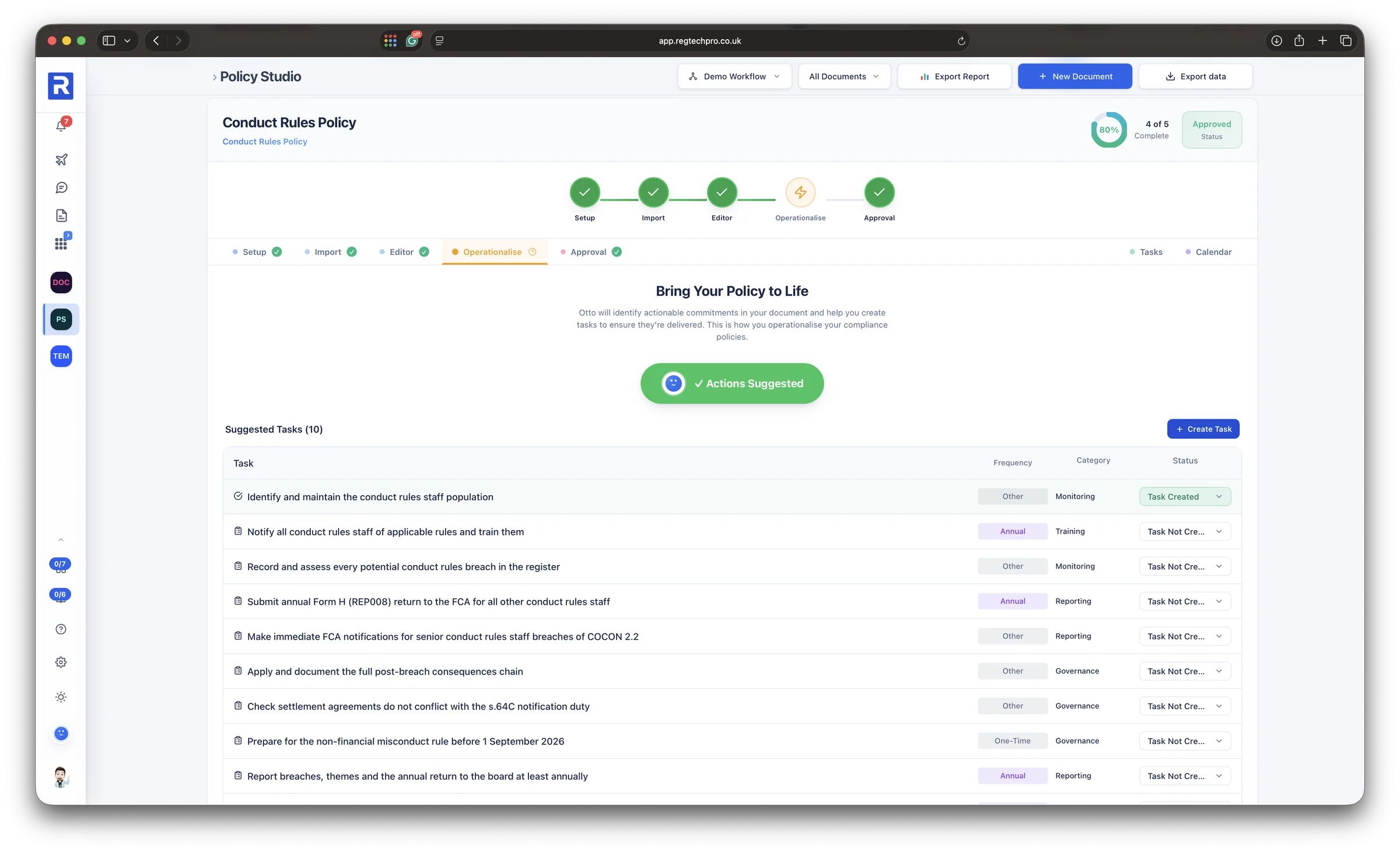 The Operationalise step of a Conduct Rules Policy: the tasks Otto has suggested from the policy's commitments, each with a frequency, category and whether the task has been created