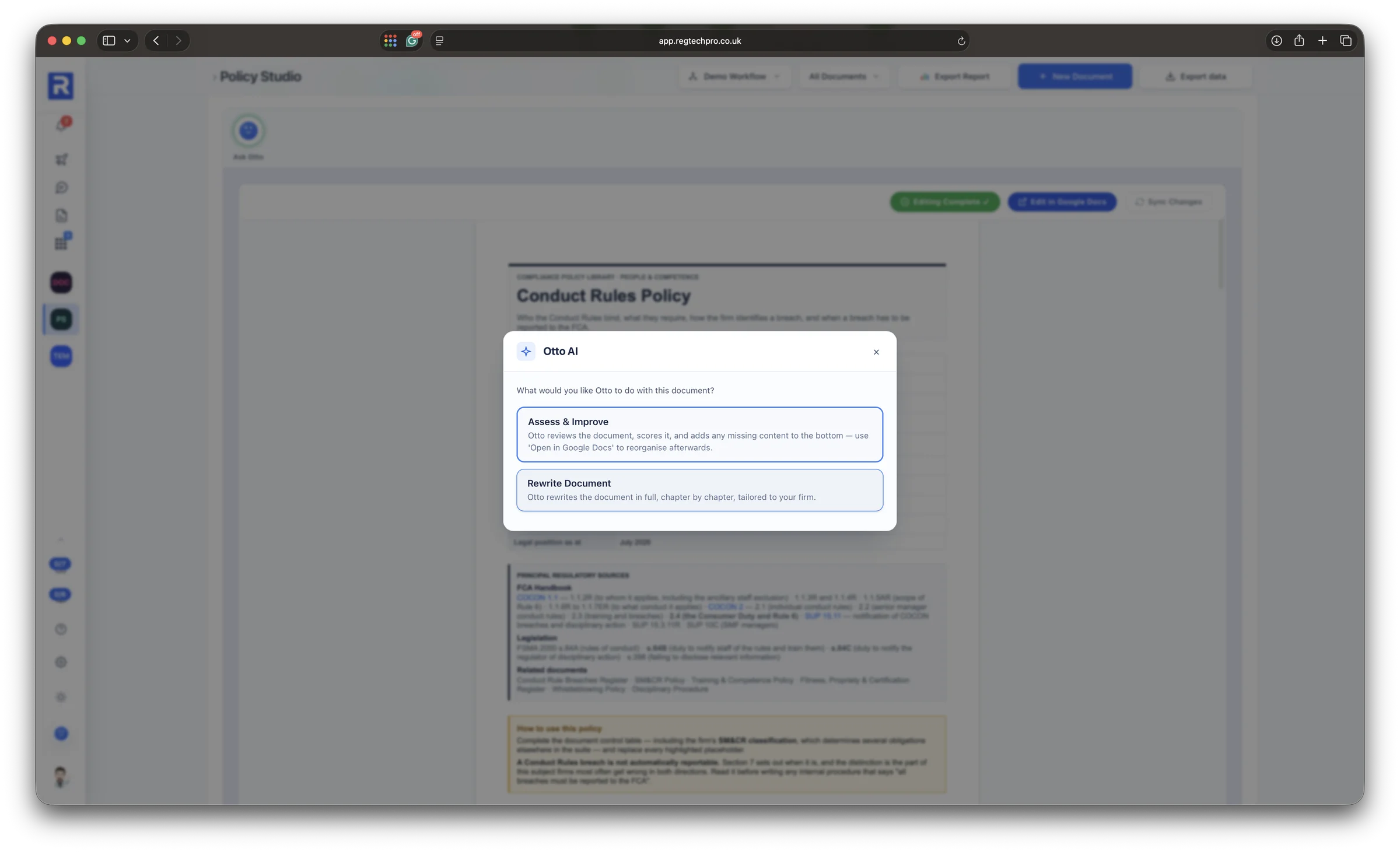 Otto AI open on a Conduct Rules Policy, offering to assess and improve the document or rewrite it in full for the firm