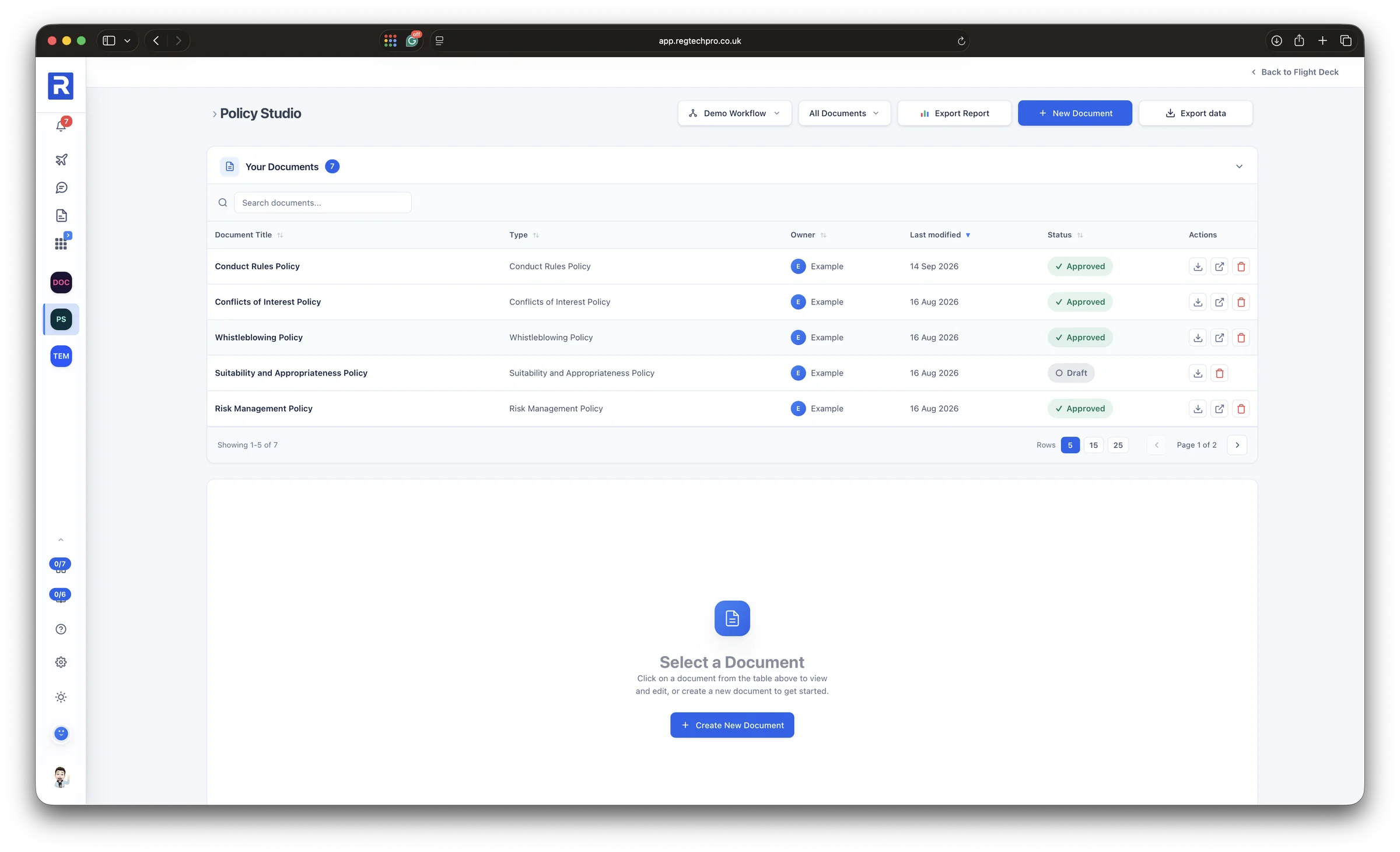 Policy Studio: the firm's documents with their type, owner, last modified date and approval status