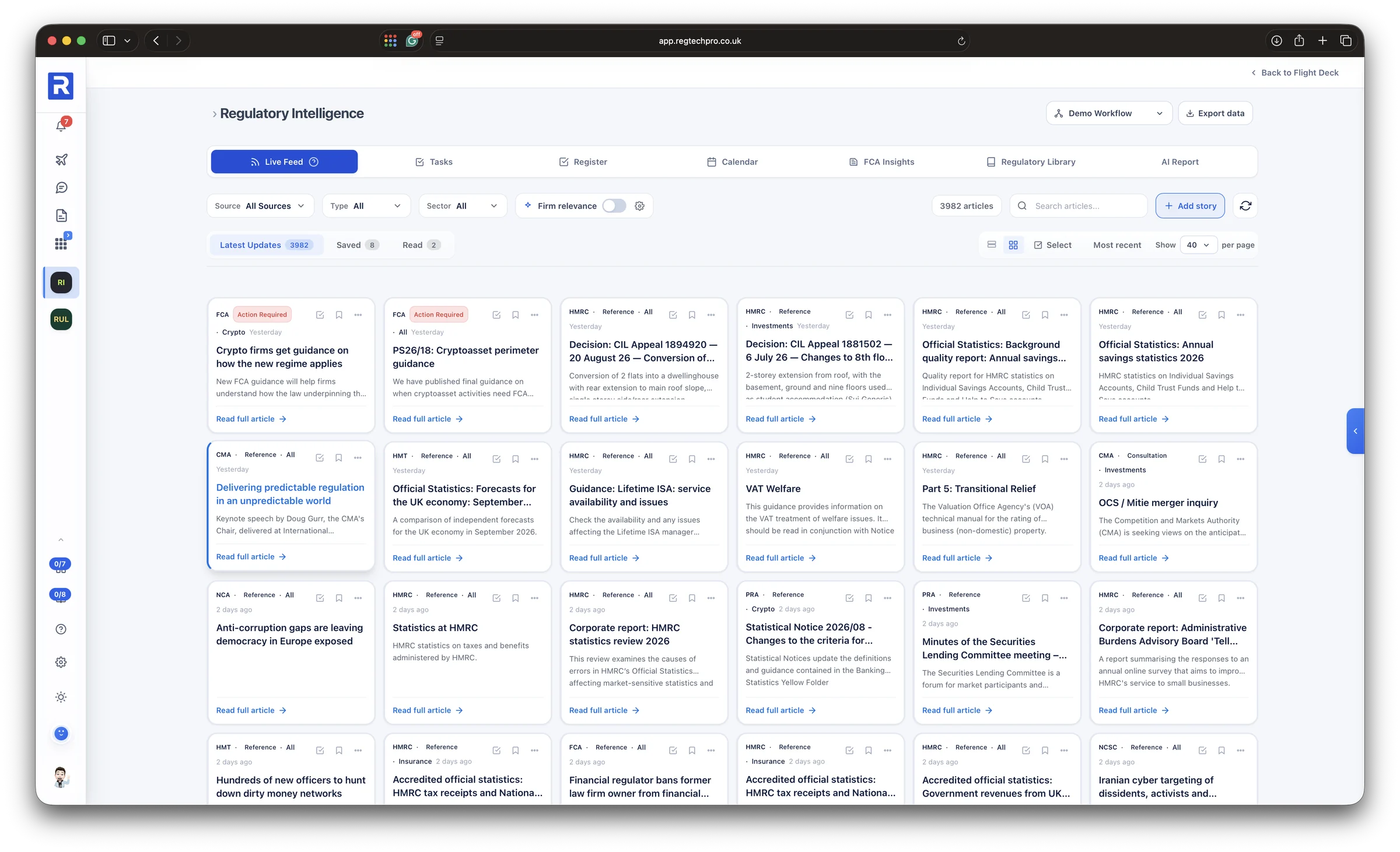The Regulatory Intelligence live feed: publications from the FCA, PRA, HMRC, CMA, NCA and others, filtered by source, type and sector, with firm relevance and saved and read views