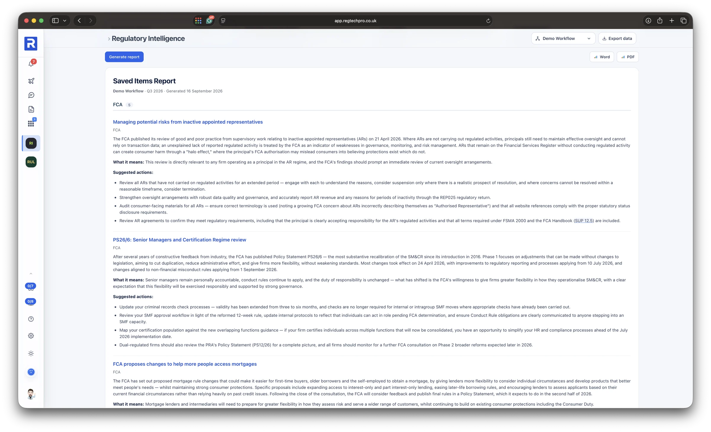The Saved Items Report: each saved publication summarised, with what it means for the firm and suggested actions, exportable to Word and PDF