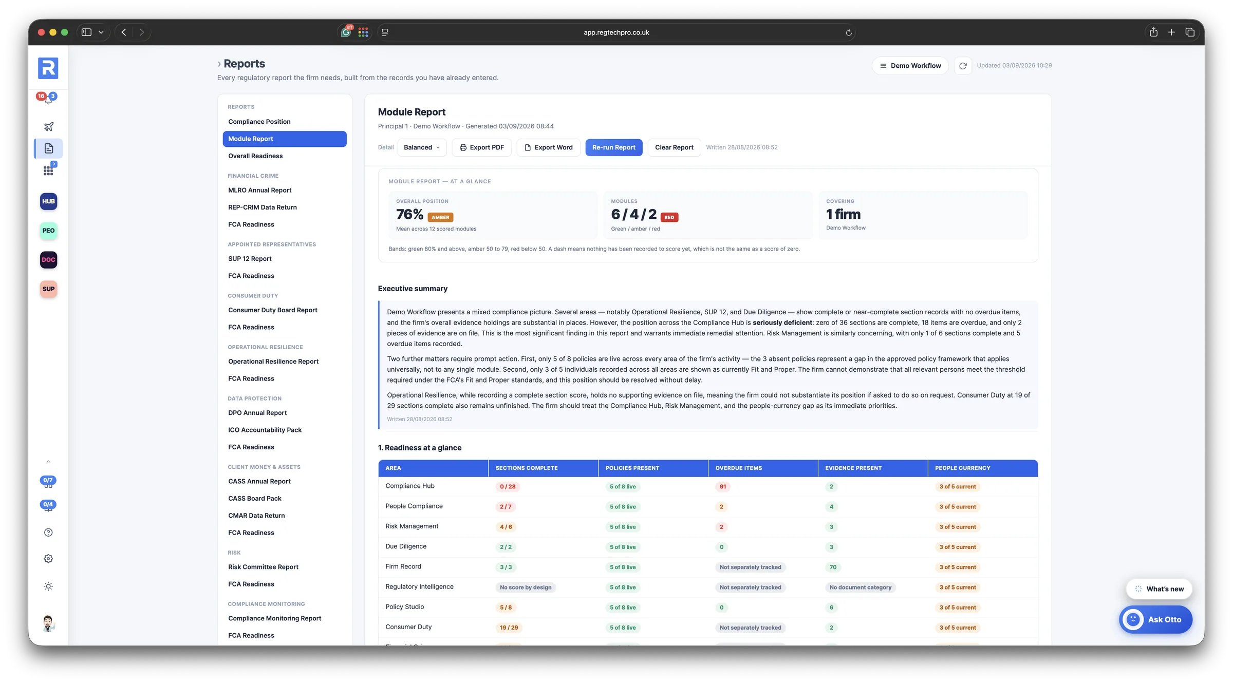 The Reports module: the catalogue of regulatory reports on the left, and a generated Module Report on the right with the overall position, a readiness table by area and Otto's executive summary