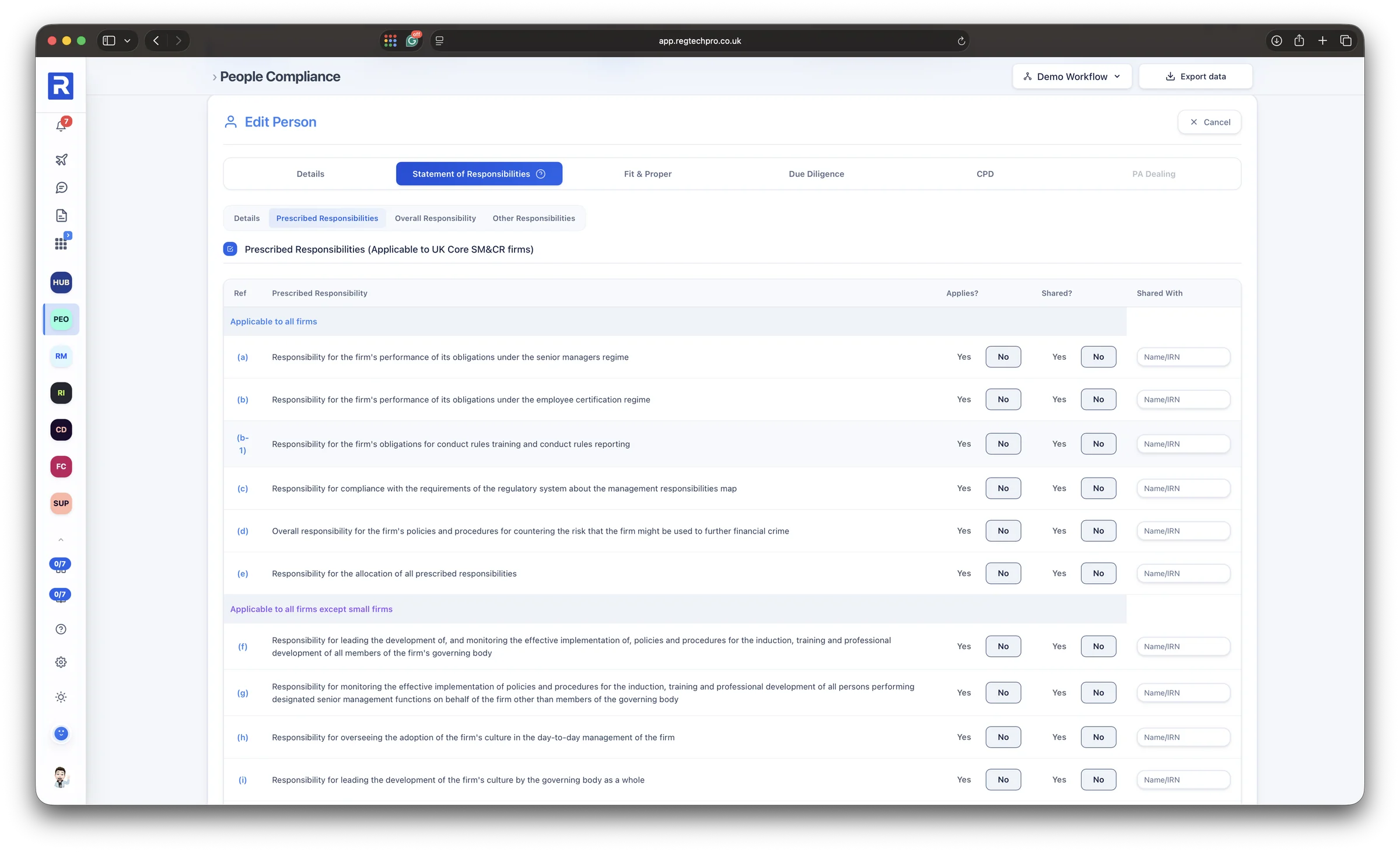 The Statement of Responsibilities tab: each prescribed responsibility grouped by the firms it applies to, recorded as applying or shared and who it is shared with