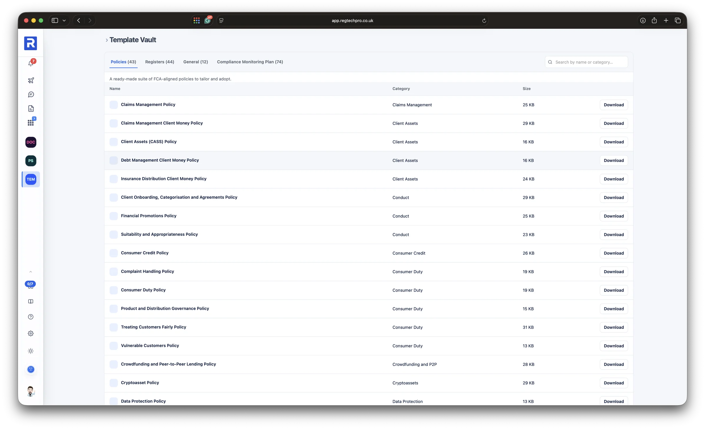 The Template Vault: ready-made policies listed by category, with tabs for registers, general documents and compliance monitoring plans, each ready to download