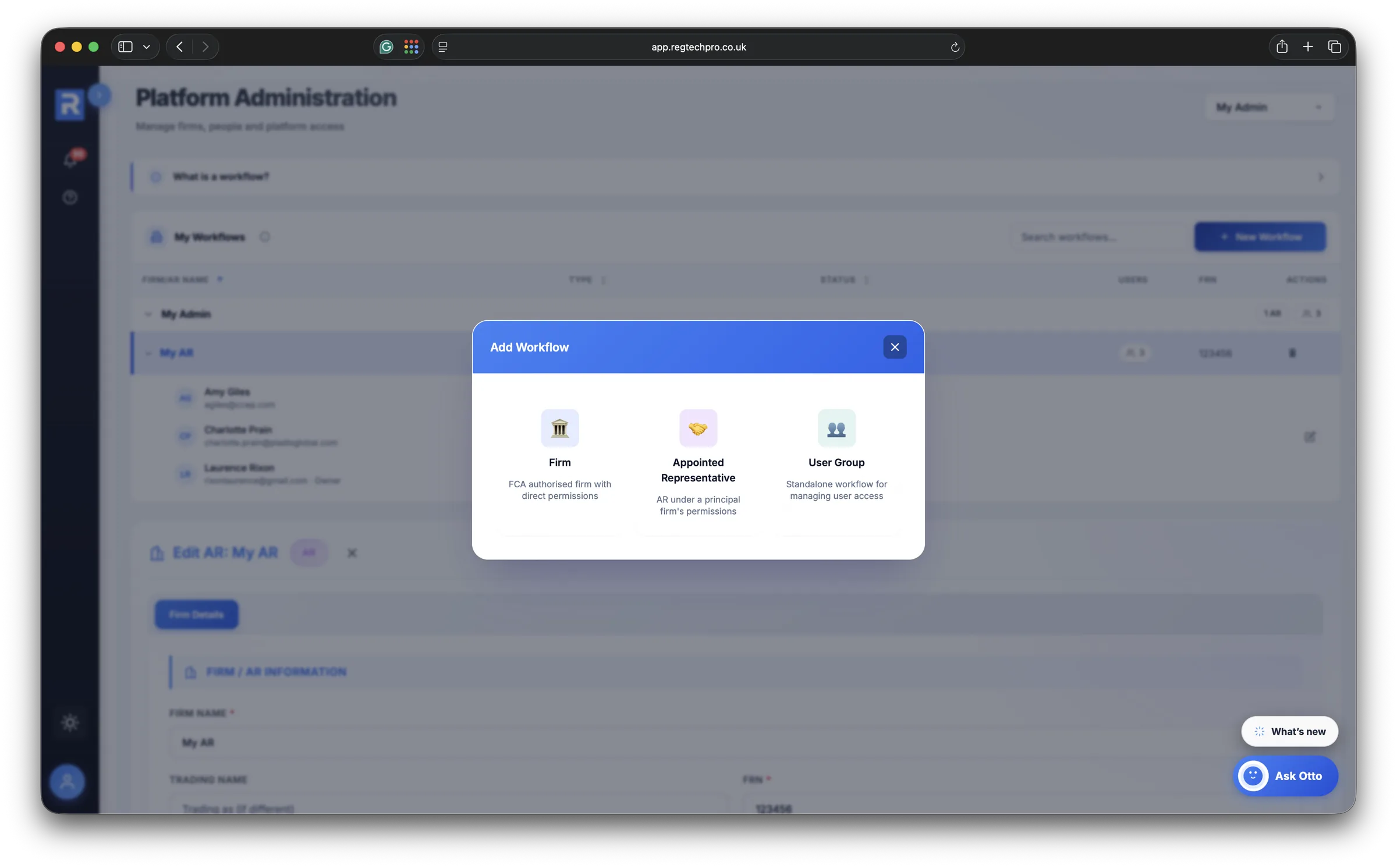 The Add Workflow dialog offering three types: Firm, Appointed Representative and User Group